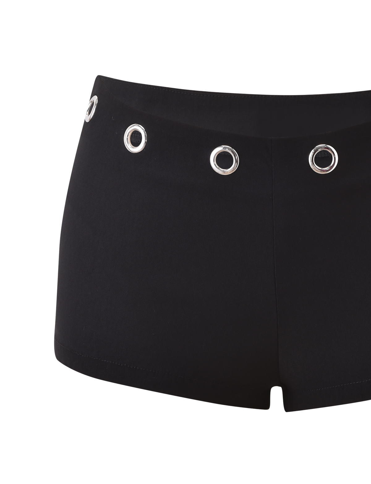 The MARREN SHORT - BLACK by TIGERMIST features silver eyelet accents along the waistband and a side seam zipper, shown against a white background.