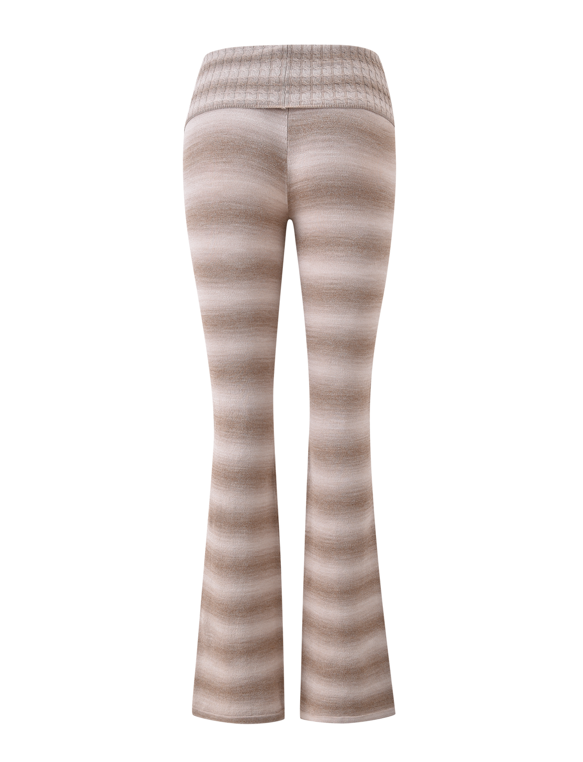 The MARISSA FOLDOVER KNIT PANT - TAUPE OMBRE STRIPE by TIGERMIST features beige and light brown stripes, a flared leg, and a wide foldover waistband, displayed from the back against a white background.