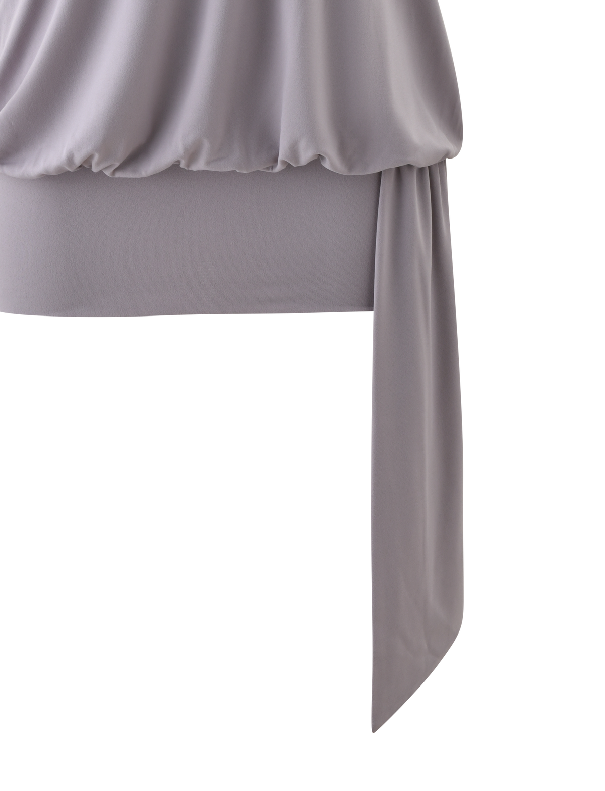Close-up of the TIGERMIST RAVENNA MINI DRESS in Cool Slate, showcasing draped fabric with a gathered elastic hem and a long sash detail against a white background.