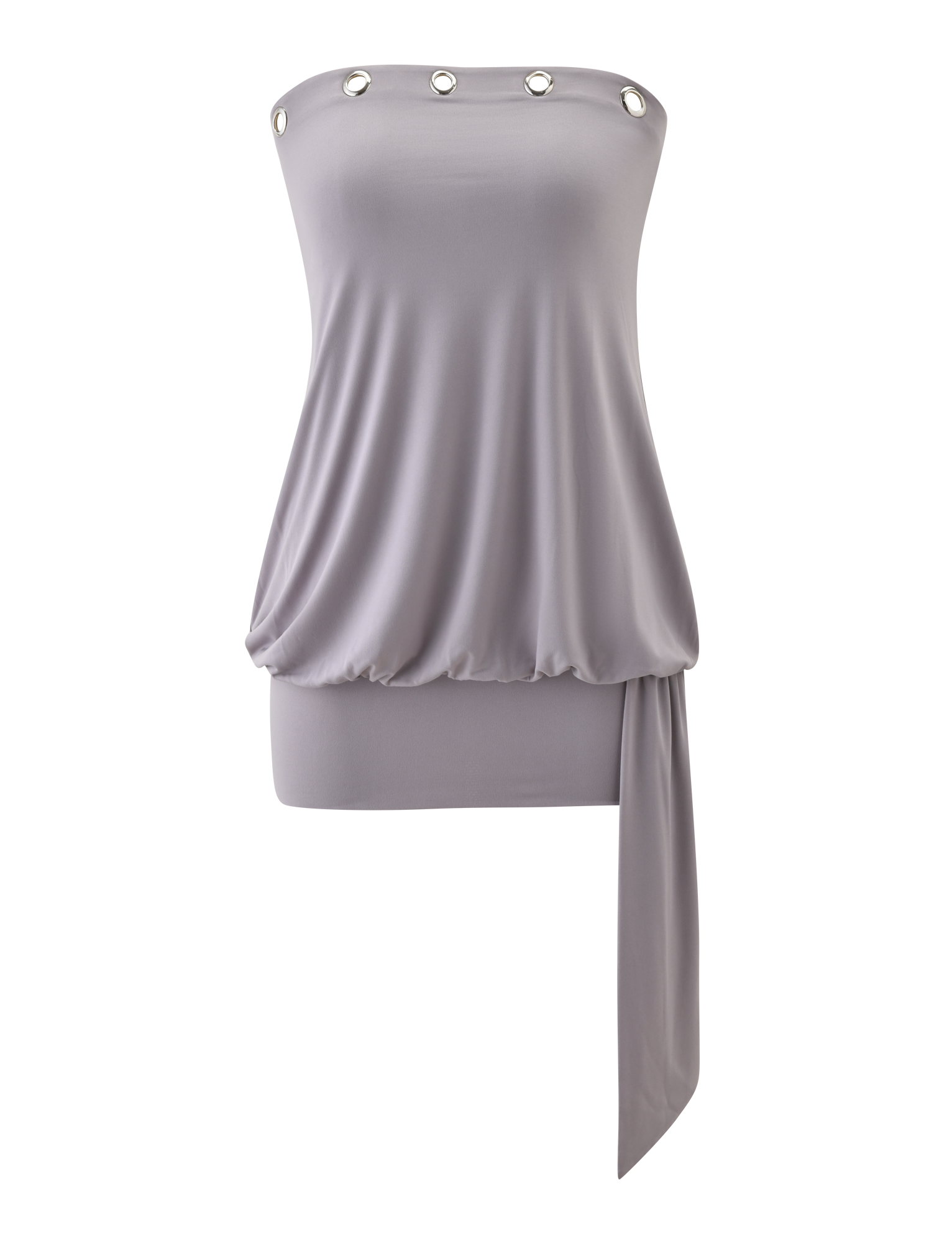 The strapless lavender top with silver accents and an asymmetrical drape layers stylishly over the TIGERMIST RAVENNA MINI DRESS in Cool Slate for a chic, modern look.