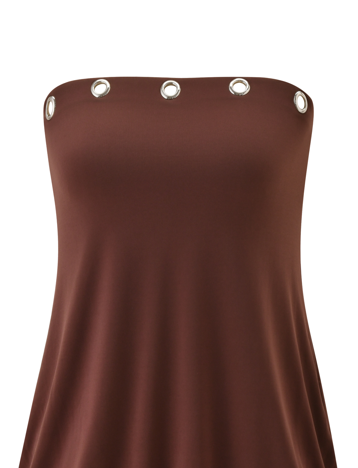 The TIGERMIST RAVENNA DRESS in Milk Chocolate is a strapless, bodycon mini dress with a smooth finish and large silver grommet accents along the straight neckline.