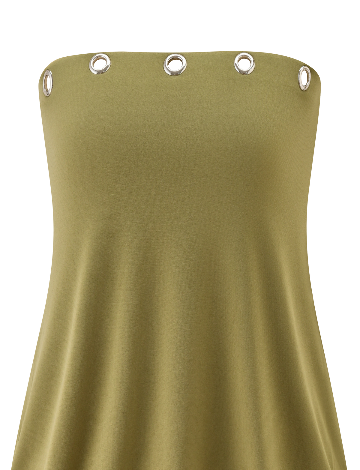 The RAVENNA DRESS - OLIVE by TIGERMIST is a strapless, olive-green dress with a blouson silhouette and silver grommet accents on the straight neckline.