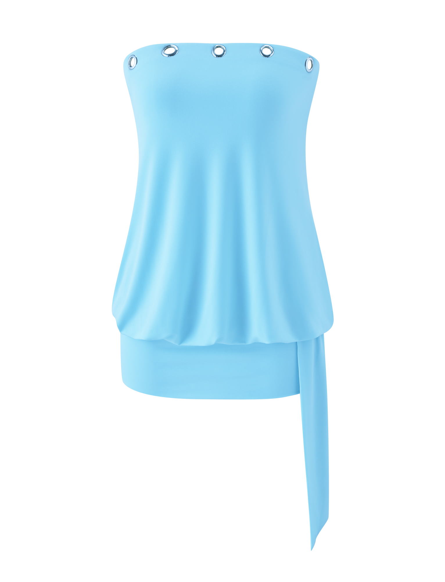 The TIGERMIST RAVENNA MINI DRESS in sky blue features a strapless design, silver eyelet trim at the neckline, a draped side sash, and softly gathered waist for a subtle bodycon drop-waist look. Shown on a plain white background.