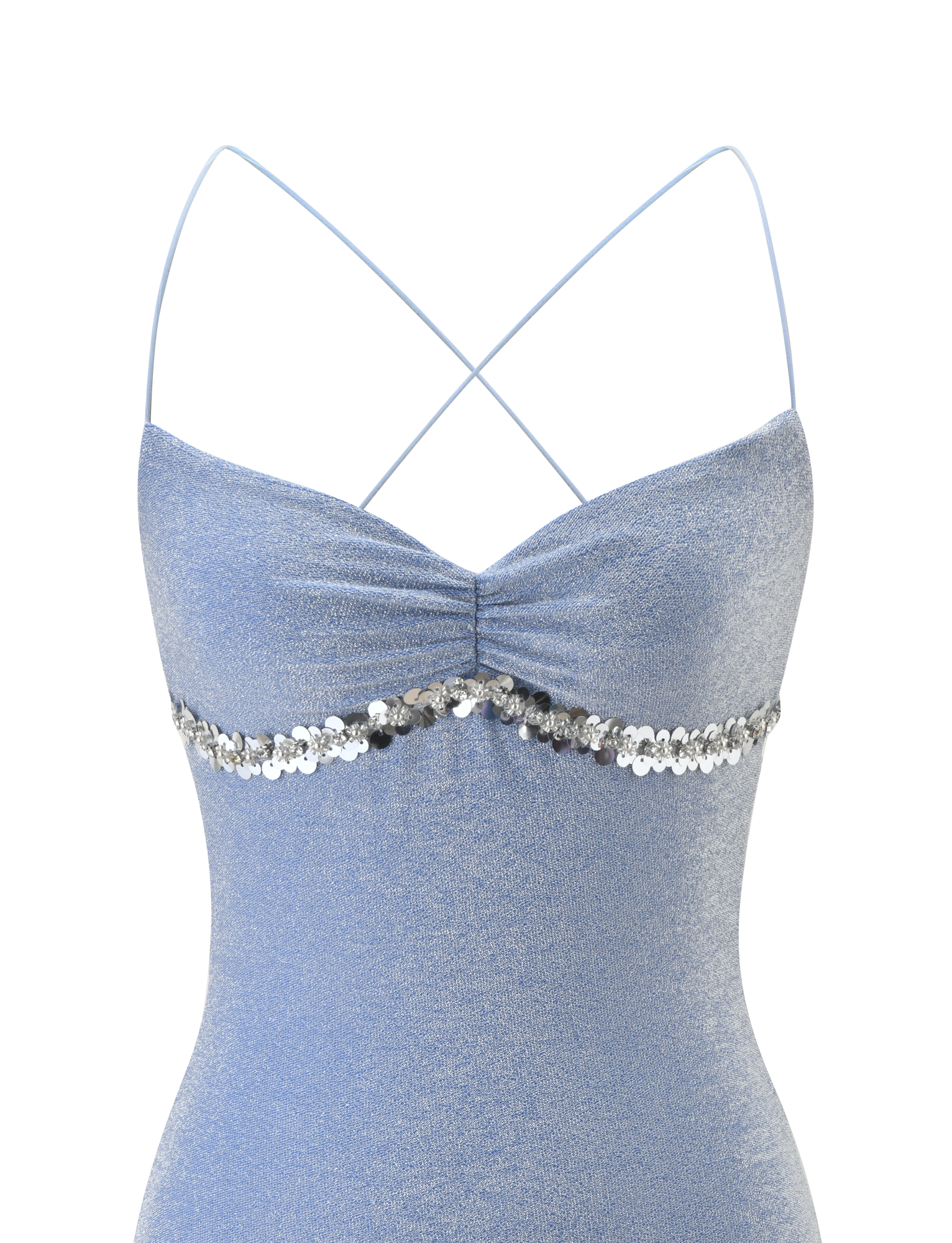 The ALIA MINI DRESS by TIGERMIST is a sparkly mesh mini dress in shimmery light blue, featuring ruching at the bust, thin crisscrossed straps, and a silver sequin band under the bust for extra dazzle.