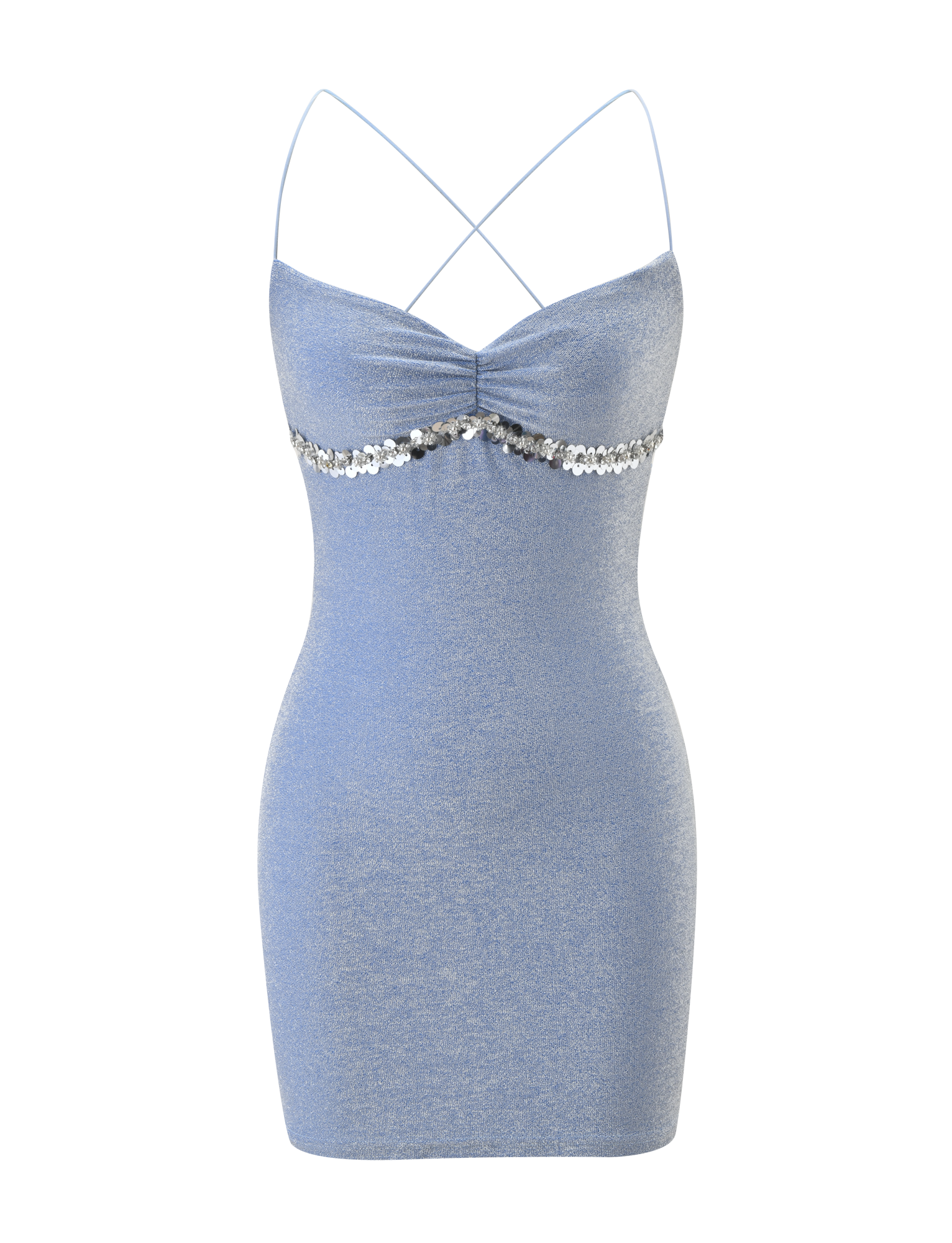 The ALIA MINI DRESS - BLUE by TIGERMIST is a sparkly light blue mesh mini dress with shimmery spaghetti straps, a crisscross back, ruched bust, and a silver sequin band, shown on a plain white background.