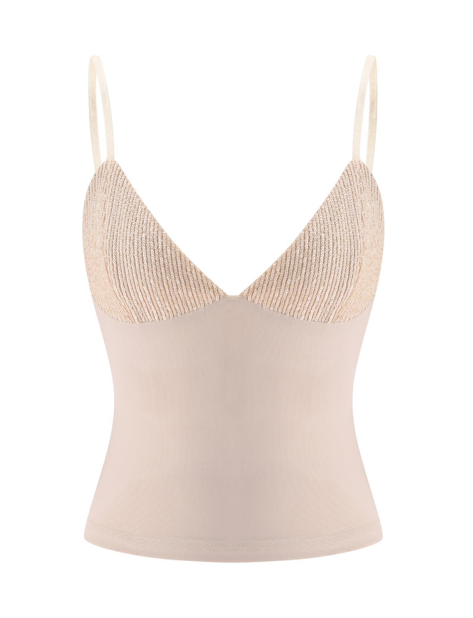 The SYLA TOP - OAT by TIGERMIST is a beige camisole featuring thin adjustable shoulder straps, ribbed textured cups, and a smooth fitted bodice—an essential addition to any summer wardrobe.