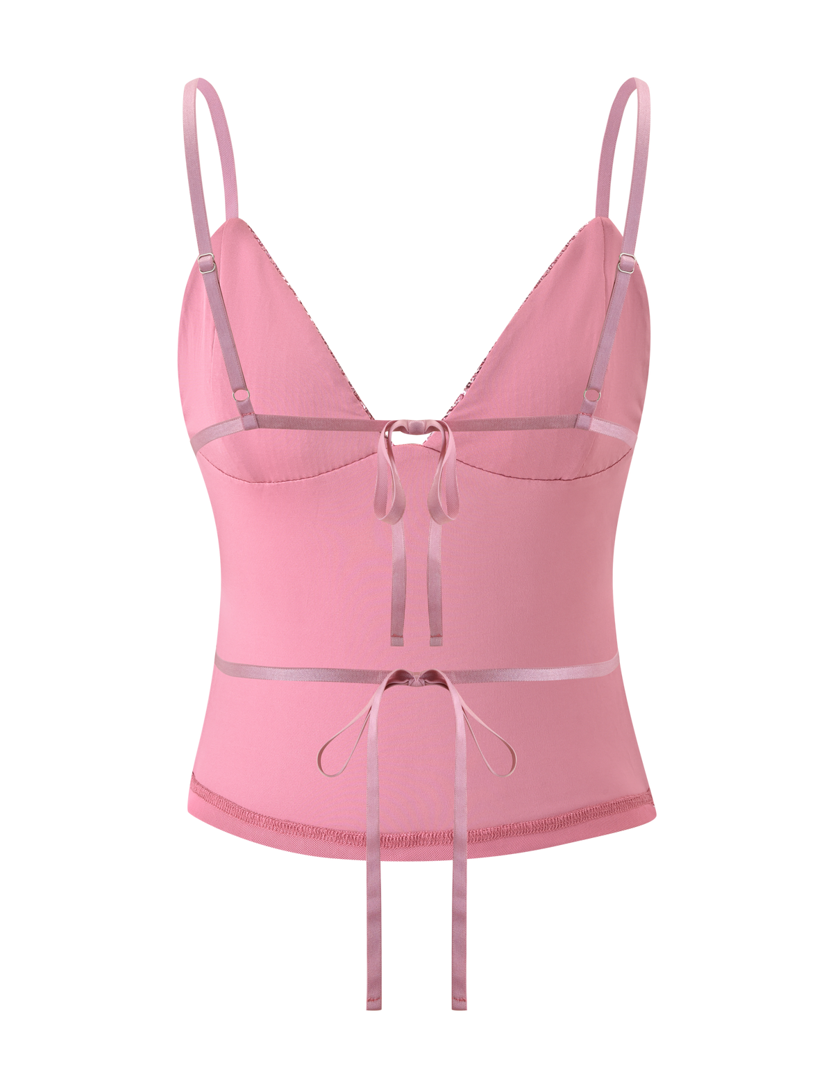 The SYLA TOP - ROSE by TIGERMIST features rose pink sequins, thin adjustable straps, a V-neckline with two ribbon bows on the front, semi-sheer fabric, and a fitted silhouette.