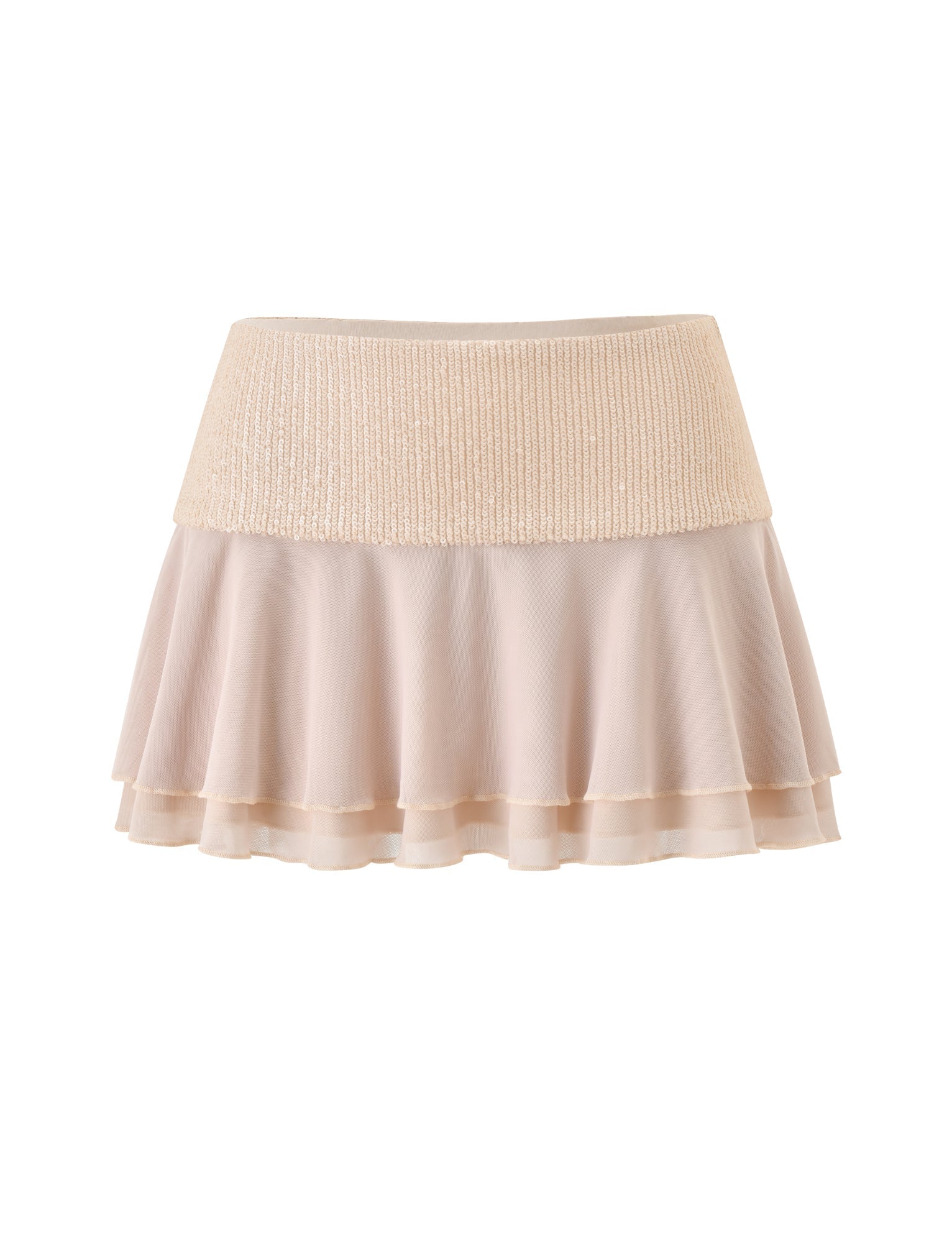 The SYLA MINI SKIRT - OAT by TIGERMIST is a light beige chiffon mini skirt featuring oat cream layers, a wide ribbed elastic waistband, and a tiered flounce silhouette, shown against a white background.