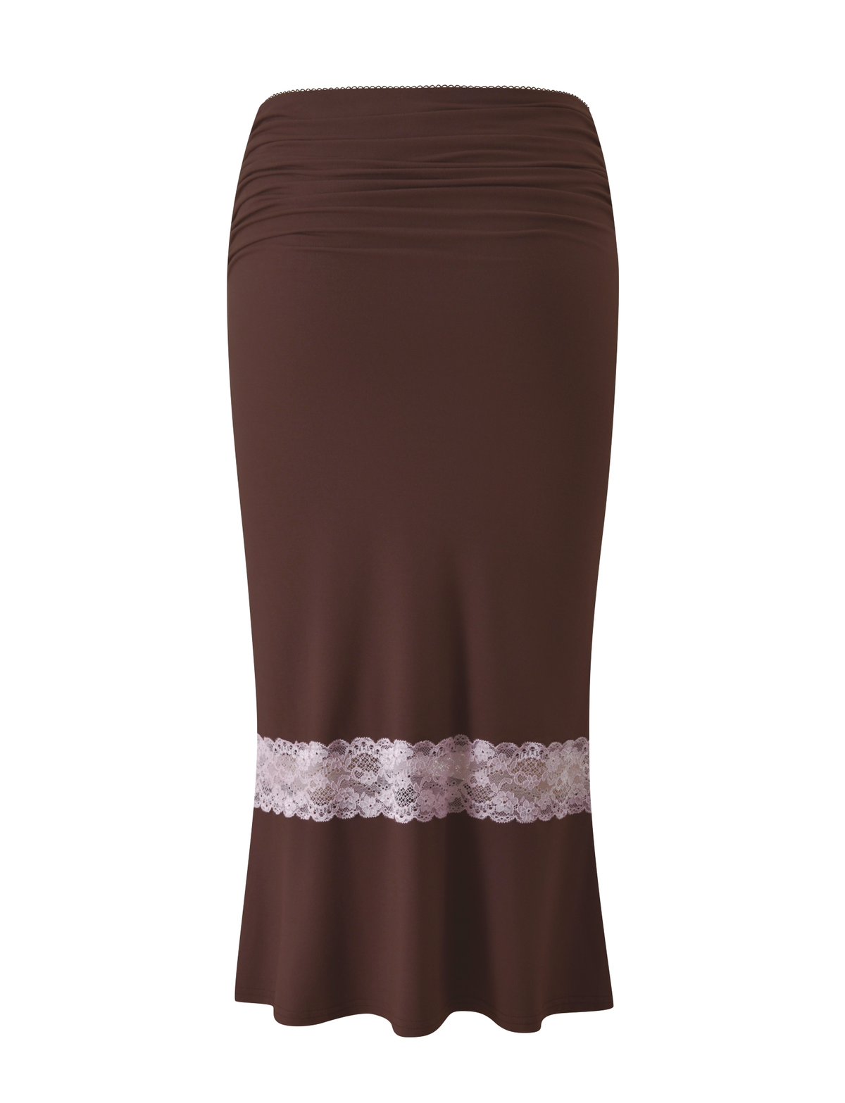 TIGERMIST CALINA LACE PANEL MIDI SKIRT - CHOCOLATE: a chocolate brown midi skirt in a mermaid silhouette with a gathered waistband and a wide band of light-colored lace trim near the hem.