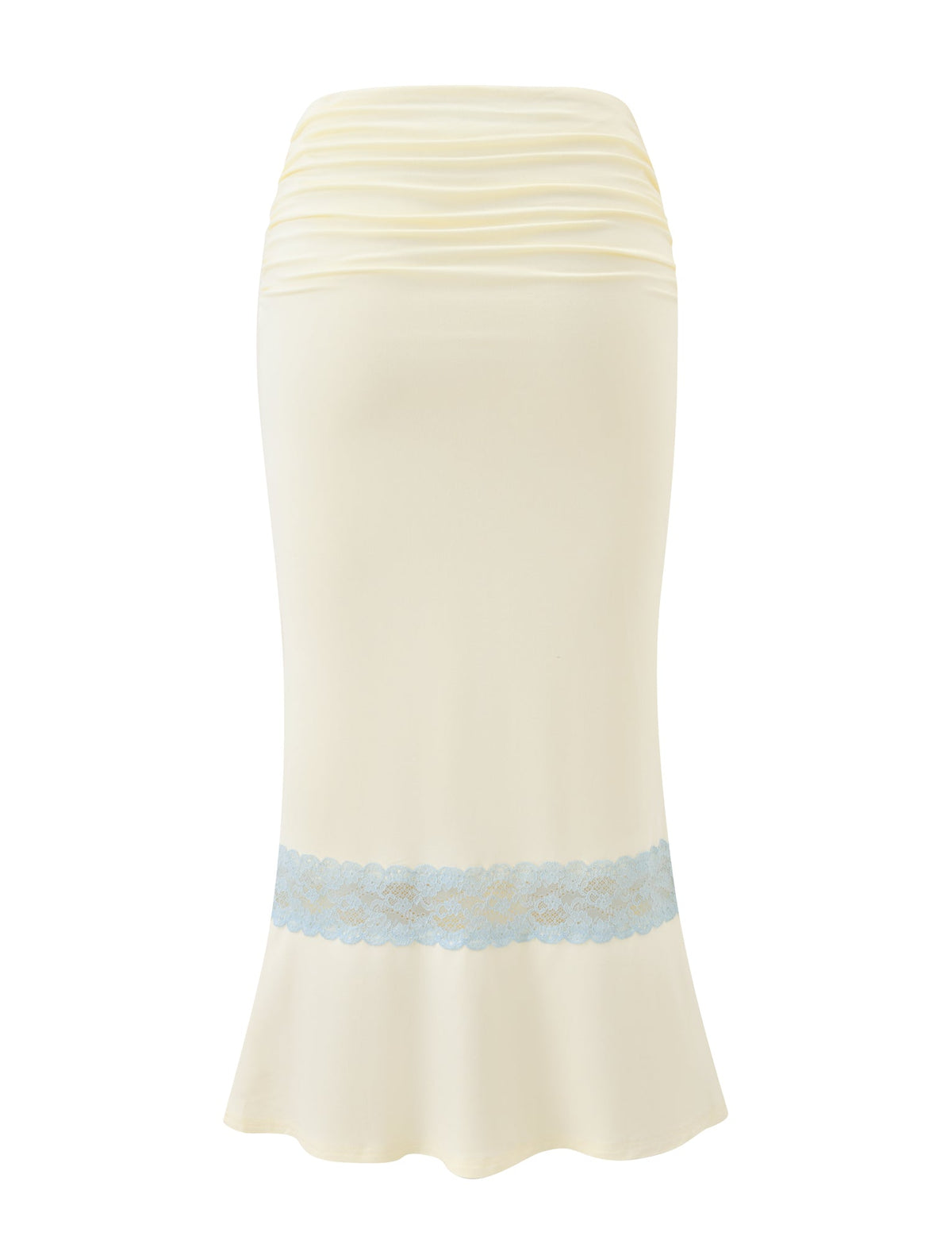 The CALINA LACE PANEL MIDI SKIRT in cream by TIGERMIST features elegant white and blue lace with a stylish ruched waist, making it a chic addition to any outfit.