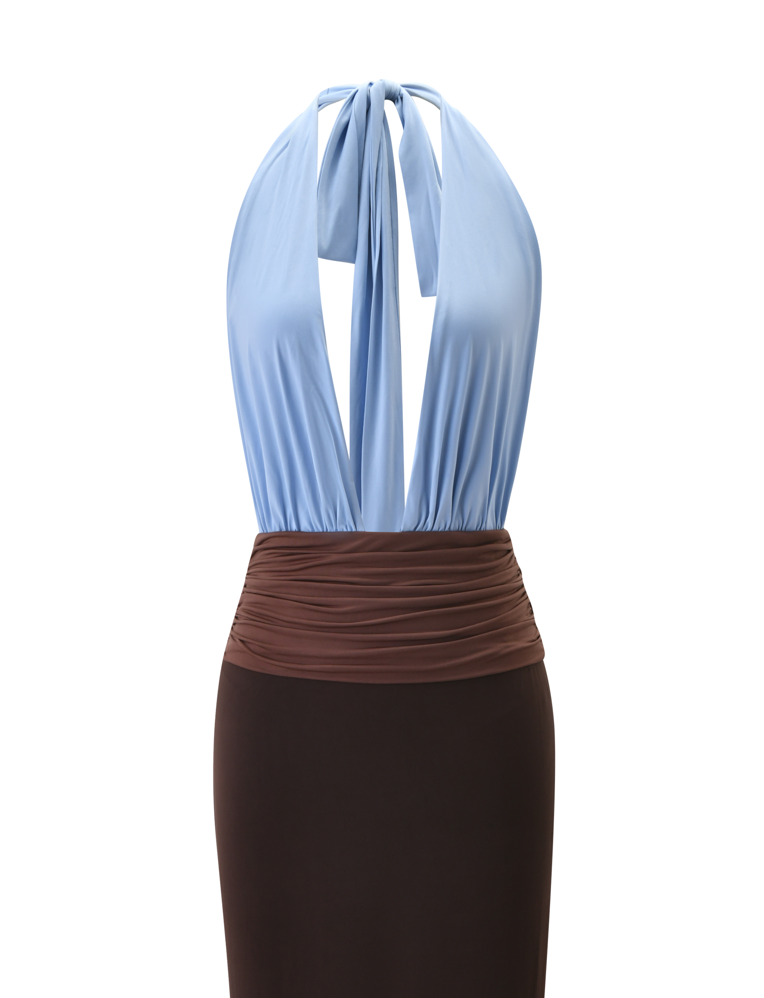 The JENNI PLUNGE MAXI DRESS by TIGERMIST features a sleeveless, colour-blocked silhouette with a light blue halter-style top, front tie detail, and open neckline, paired with a fitted dark brown skirt and a ruched brown waistband.
