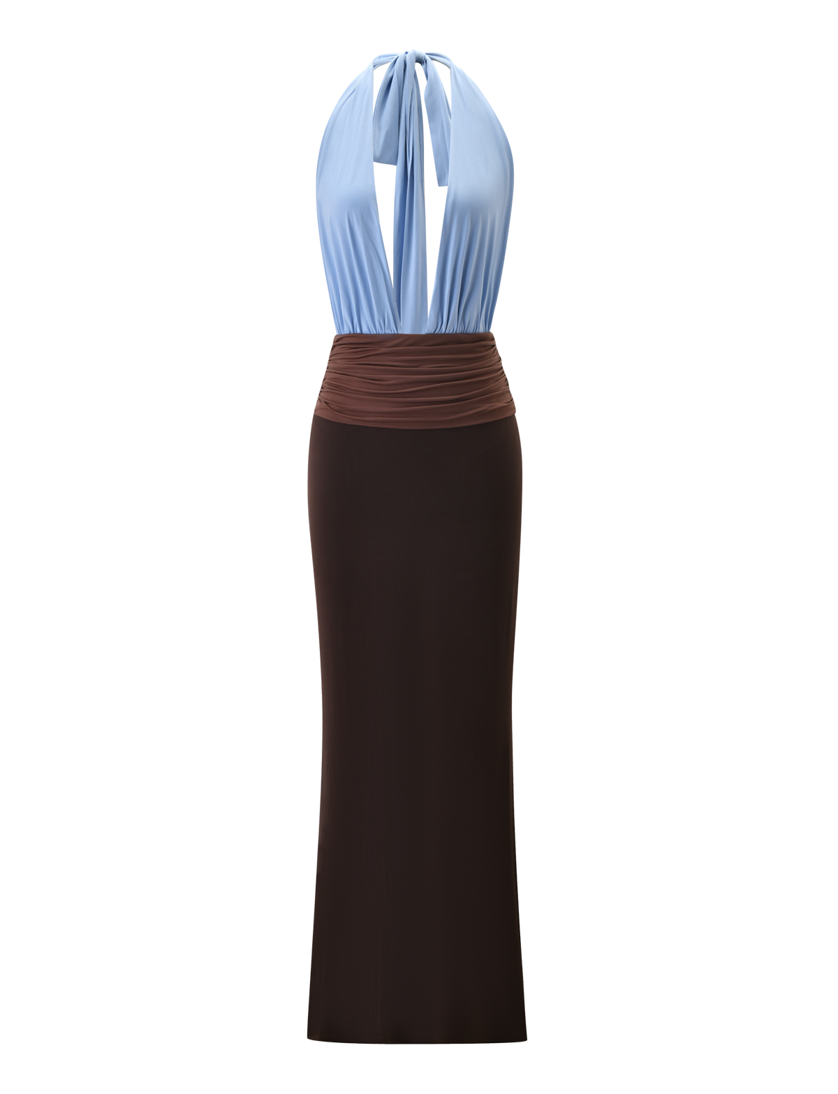The TIGERMIST JENNI PLUNGE MAXI DRESS in blue and brown features a sleeveless, light blue halter-style top, a brown ruched waistband, and a long, straight dark brown skirt, displayed against a plain white background.