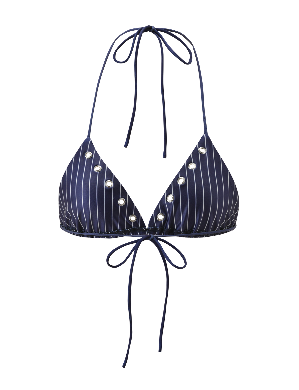 The MARREN BIKINI TOP - NAVY PINSTRIPE by TIGERMIST features navy blue and white pinstripes, triangle cups, silver button accents, and slender adjustable halter ties at the neck and back.