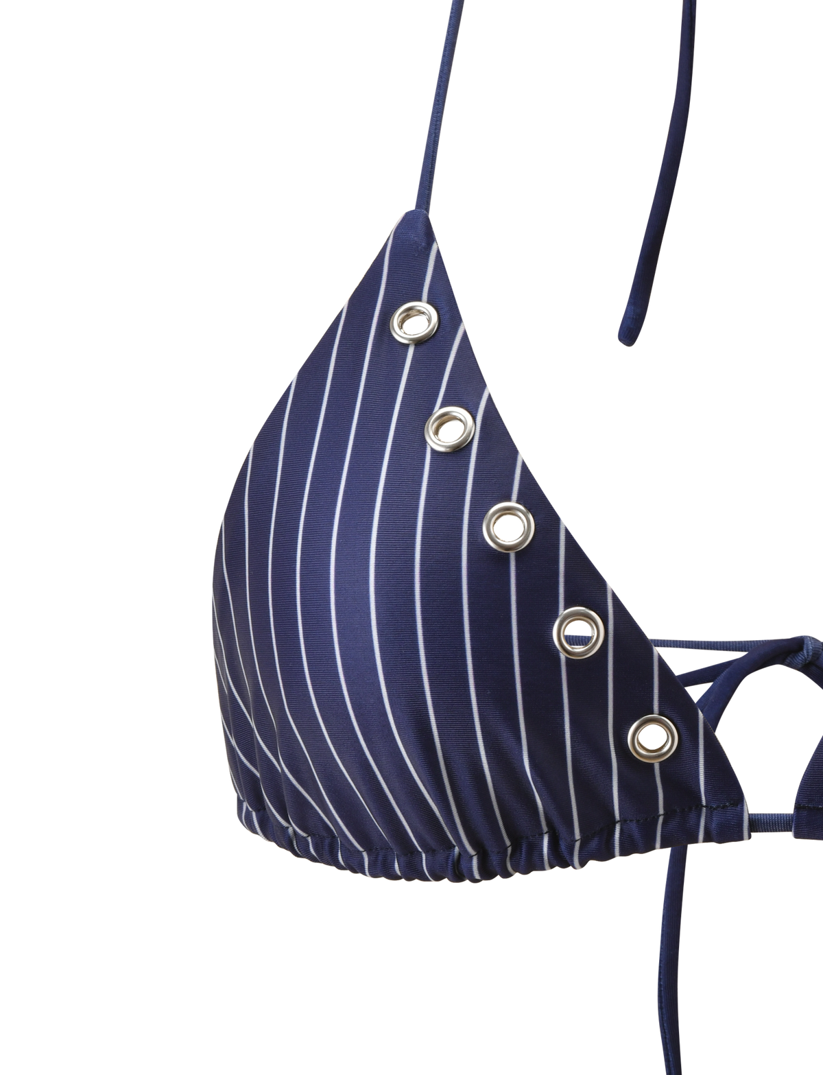 The TIGERMIST MARREN BIKINI TOP - NAVY PINSTRIPE features white vertical stripes, silver eyelet details, adjustable straps, and a ruched bottom band for a classic pinstripe look.
