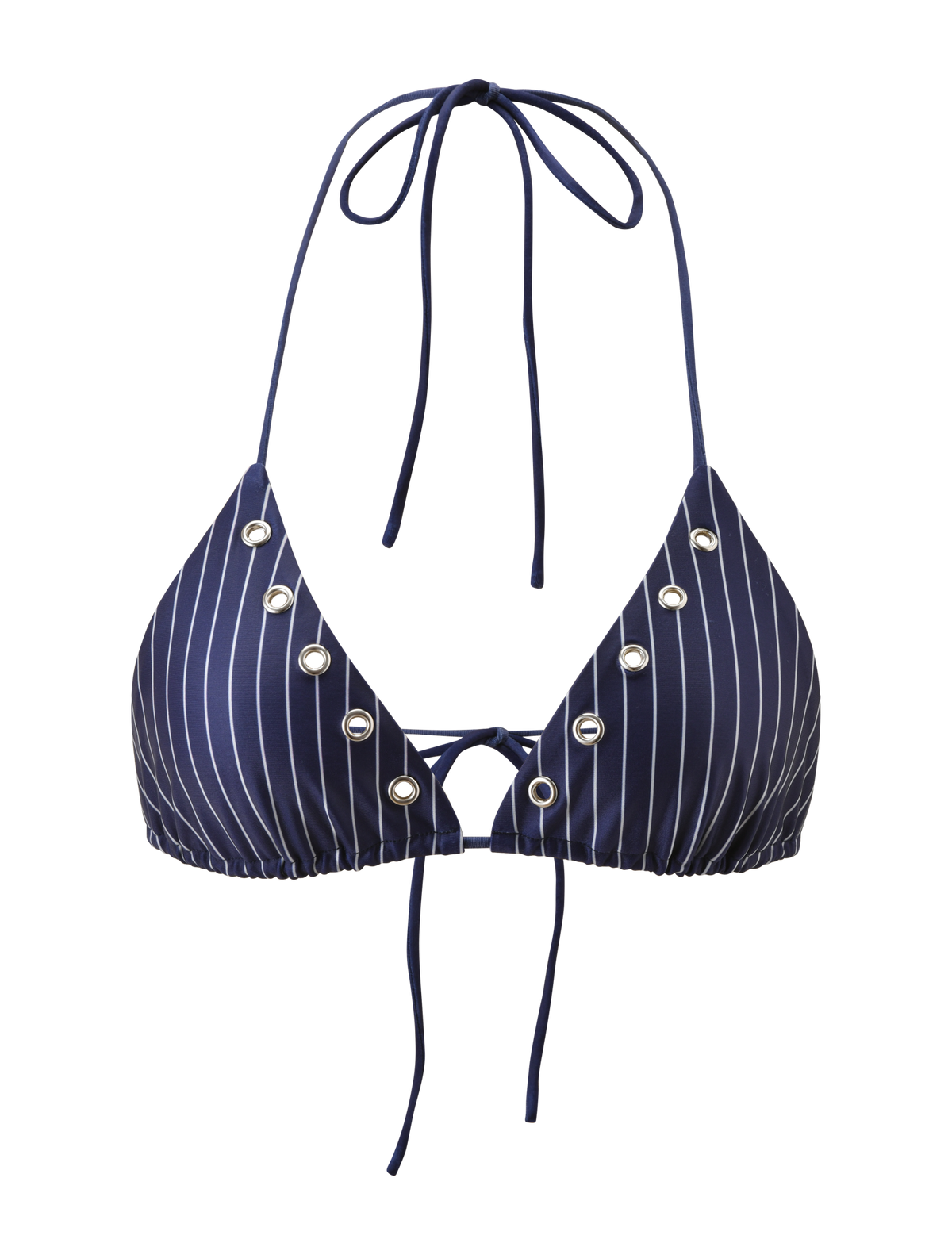 The TIGERMIST MARREN BIKINI TOP - NAVY PINSTRIPE features white vertical pinstripes, grommet eyelet details, and adjustable ties at the neck and front. Shown on a plain white background.
