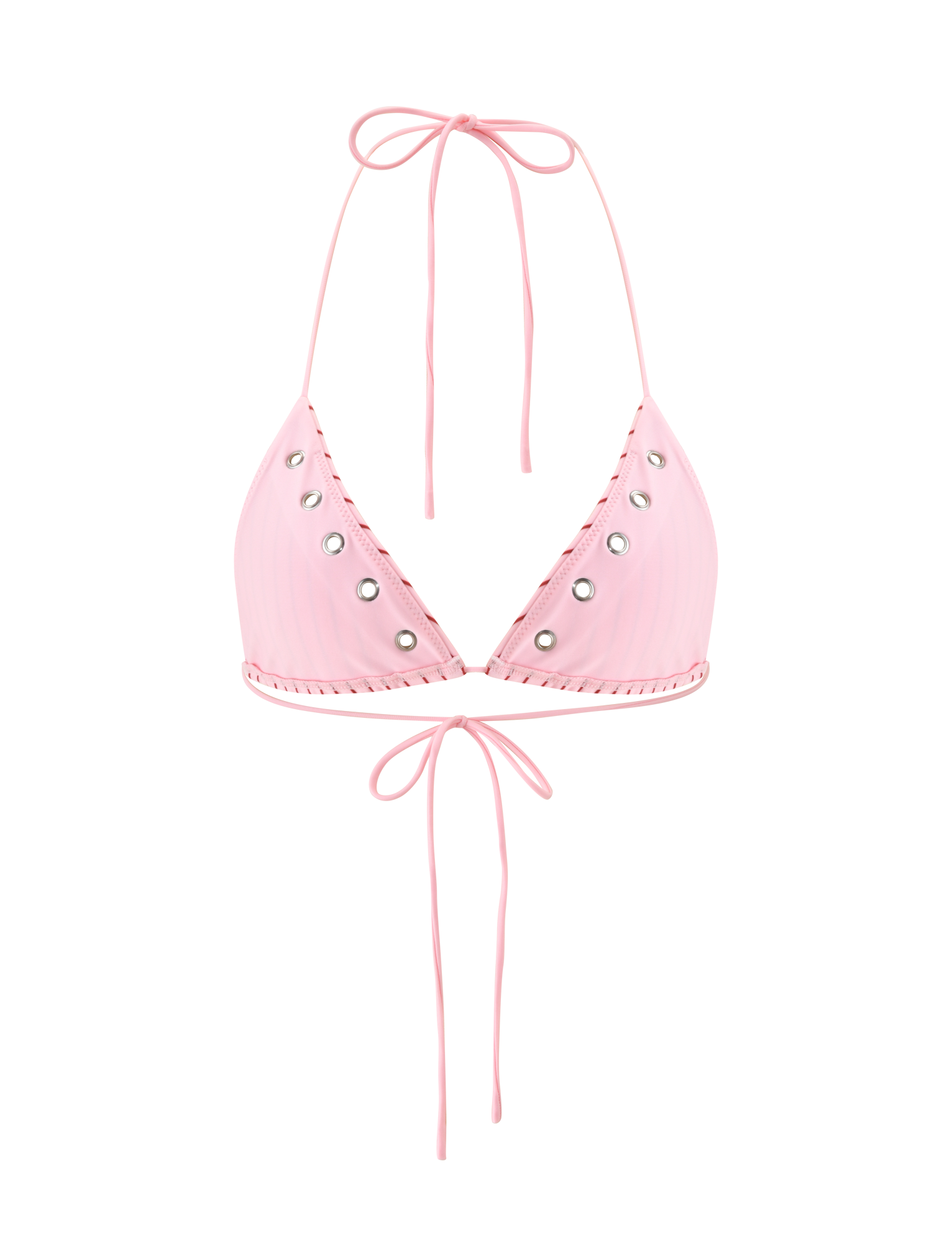 The TIGERMIST MARREN BIKINI TOP - PINK STRIPE features light pink stripes, adjustable triangle cups, silver eyelet accents, and thin neck and back ties, shown on a white background.