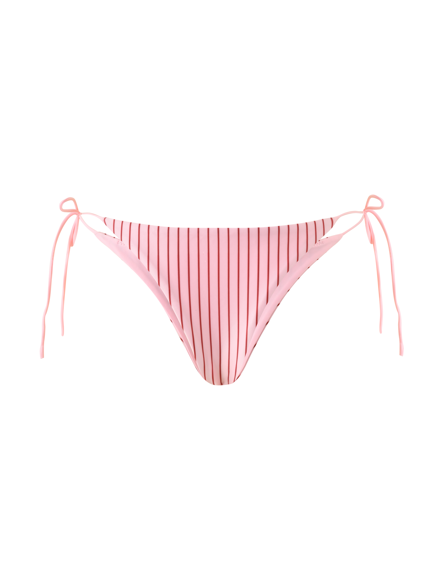 The MARREN BIKINI BOTTOM - PINK STRIPE by TIGERMIST features thin vertical black stripes, adjustable side ties, and an exclusive print, shown on a plain white background.
