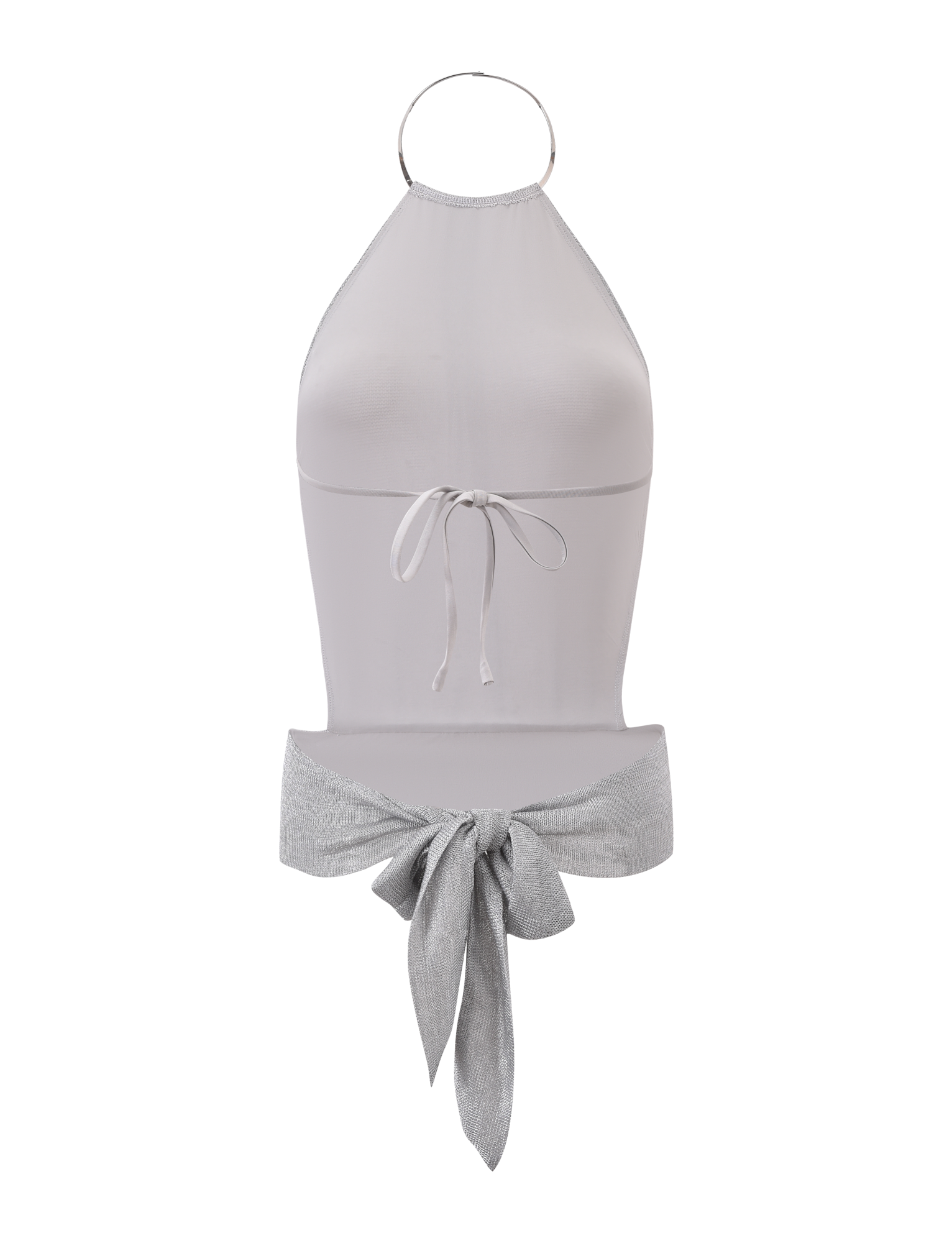 The EVANNA TOP - SILVER by TIGERMIST is a sleeveless, light gray halter with a metallic ring neckline, front tie under the bust, and a large shimmer silver bow at the waist.