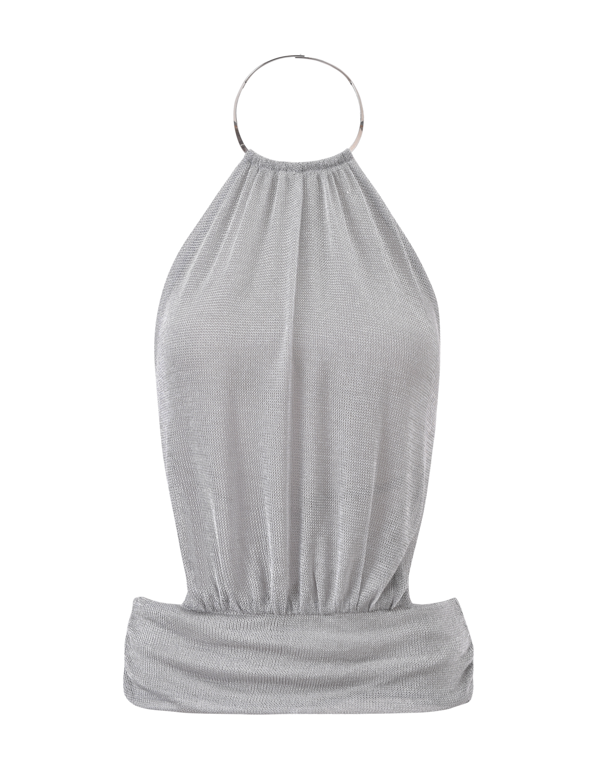 The EVANNA TOP - SILVER by TIGERMIST features a silver mesh halter style with a wide ruched waistband, circular metal neckline, elegant draping, and an open back for a sleek, modern look.