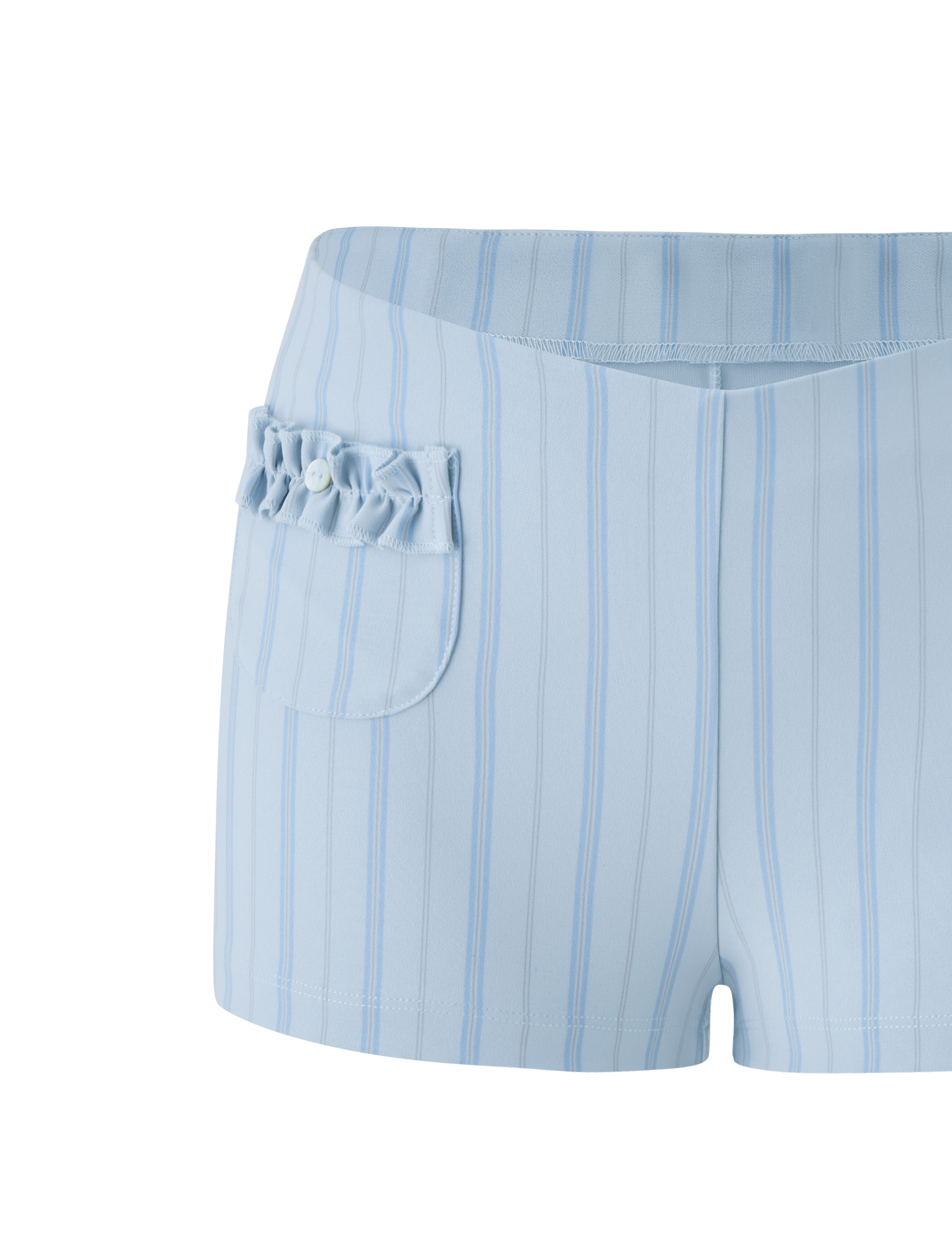 The VALERIE RUFFLE HOT SHORT - BLUE STRIPE by TIGERMIST features light blue pinstripes with darker blue vertical stripes, and a ruffled left pocket with button detail. These exclusive shorts are shown against a white background.