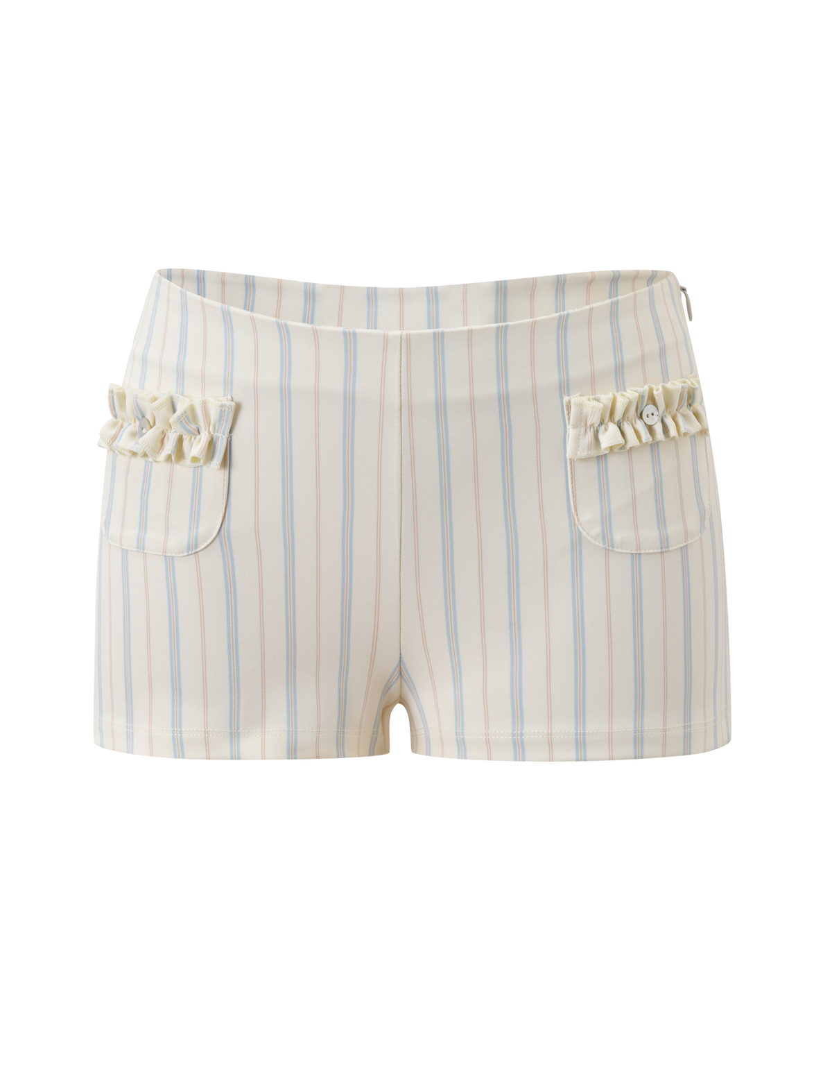The VALERIE RUFFLE HOT SHORT - STRIPE by TIGERMIST features a cream color with light blue pinstripes, ruffled accents on the front pockets, and a V-cut waistband, shown against a white background.