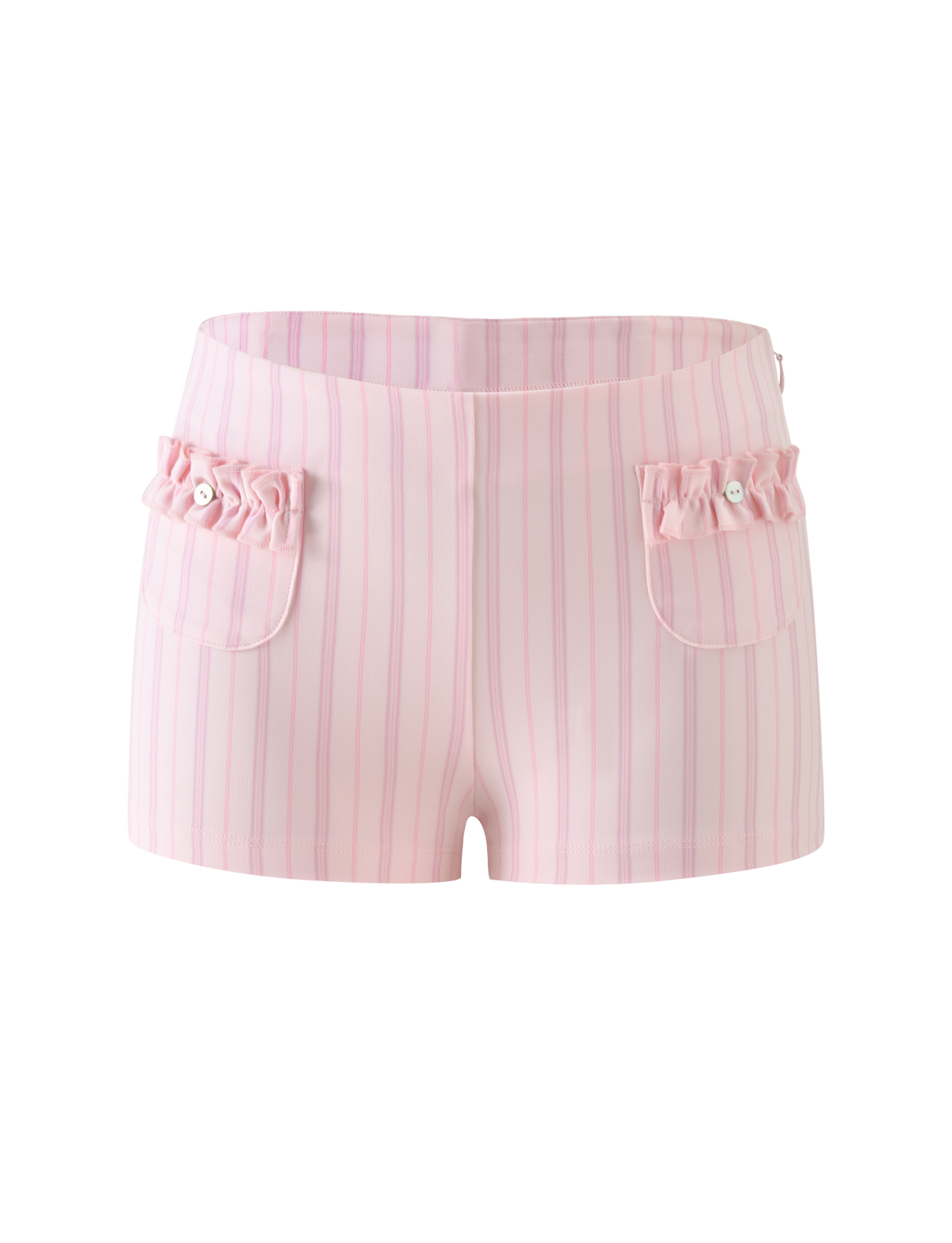Tiger Mist Valerie Ruffle Short in Pink Pinstripe, front view