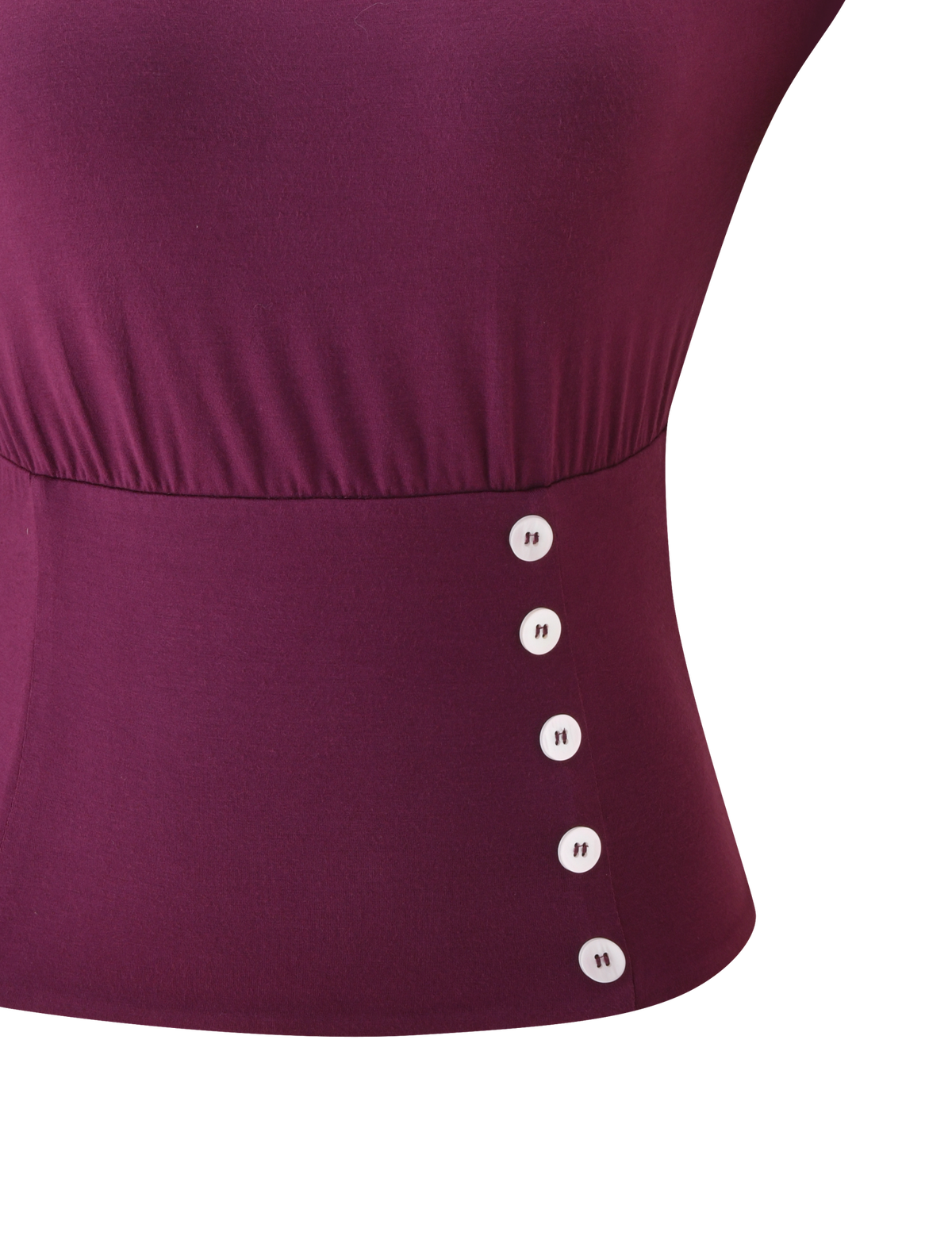 Close-up of the waist area of the ALYSSA OFF SHOULDER TOP in plum by TIGERMIST, showcasing its fitted design, corseted waist, and five vertically arranged white buttons on one side.