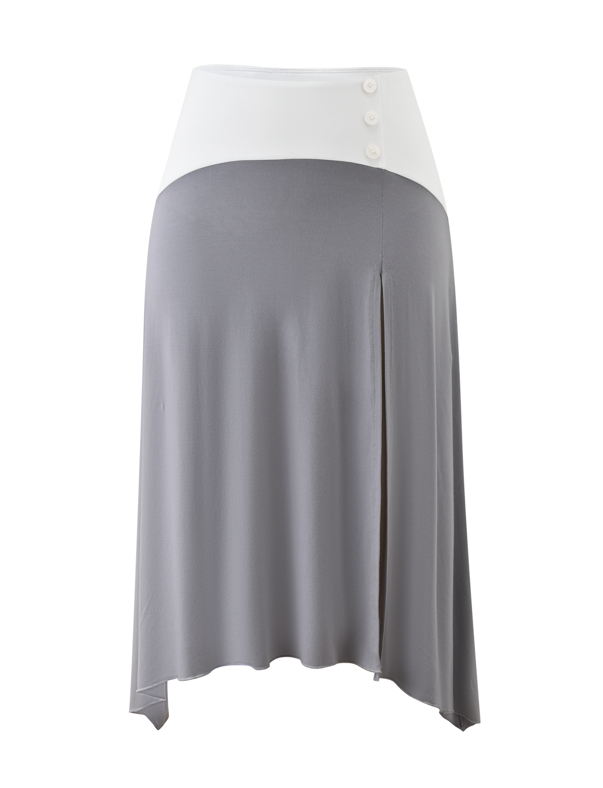 The ALYSSA HI LO SKIRT by TIGERMIST features a high waist with a white waistband, three buttons, flowing light grey fabric, a front leg slit, and an asymmetrical hem for stylish flair.