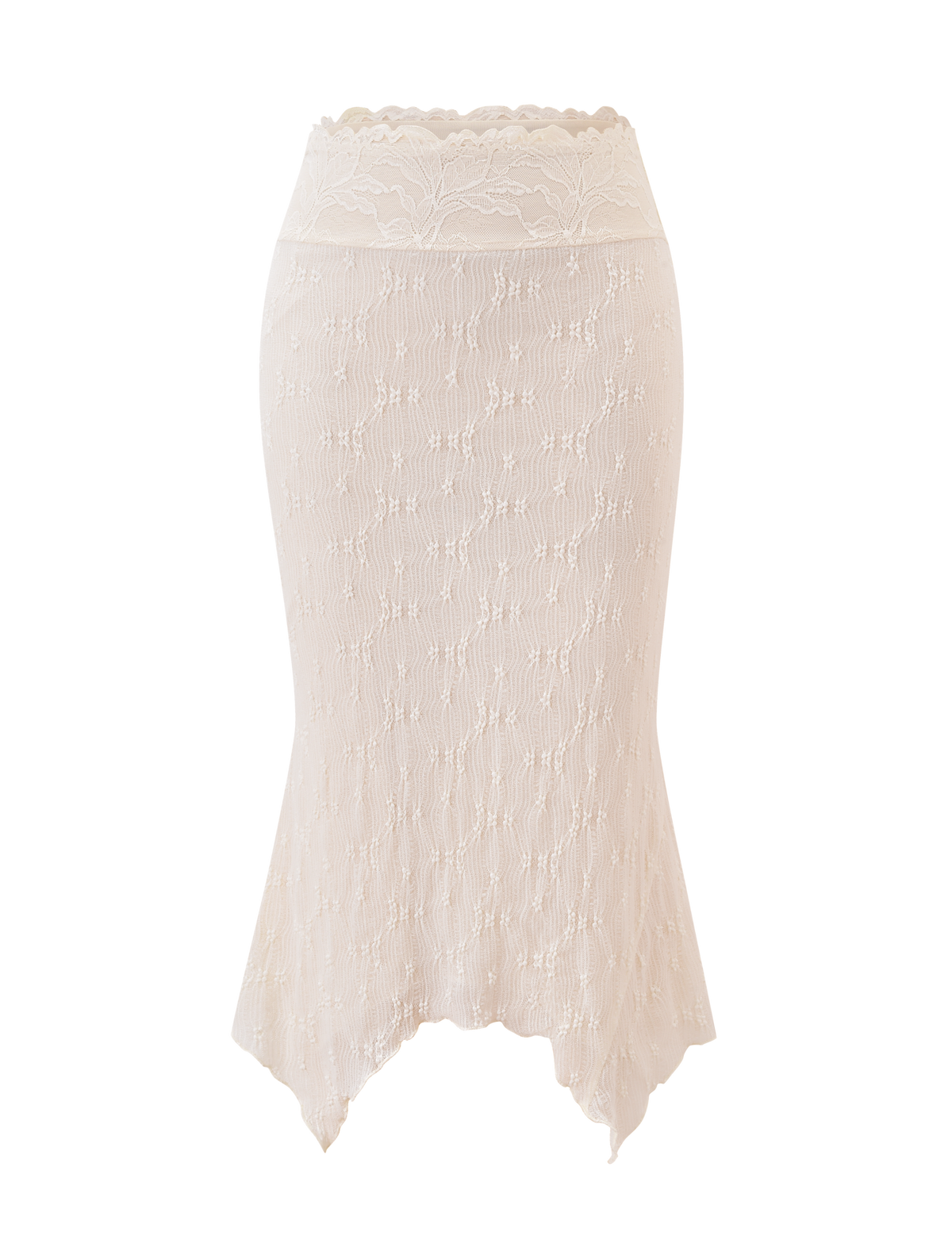 The KATERINA MIDI SKIRT by TIGERMIST is a cream lace midi skirt with a scalloped waistband, subtly flared asymmetrical hem, and an all-over delicate floral pattern.
