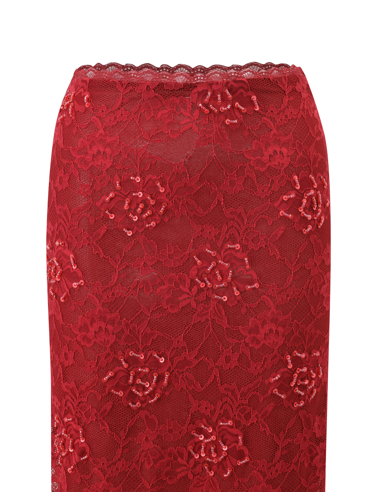 Close-up of the TIGERMIST KIRRA BEADED SEQUIN LACE MIDI SKIRT in red, showcasing floral lace with decorative sequins and scalloped edges—perfect for a standout look.