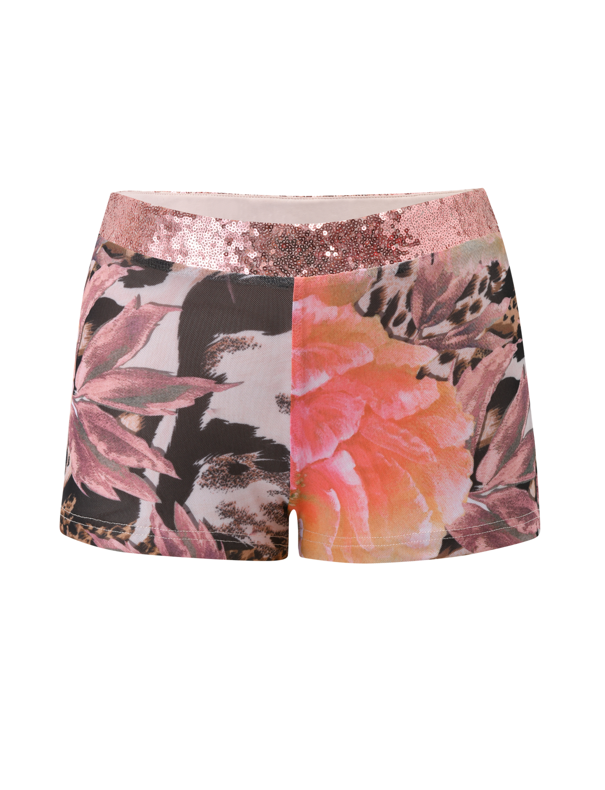 The TIGERMIST FENELLA SHORT - ANIMALIER FLORAL features a split design with bold pink, orange, and brown floral animal prints and a rose gold sequin waistband.
