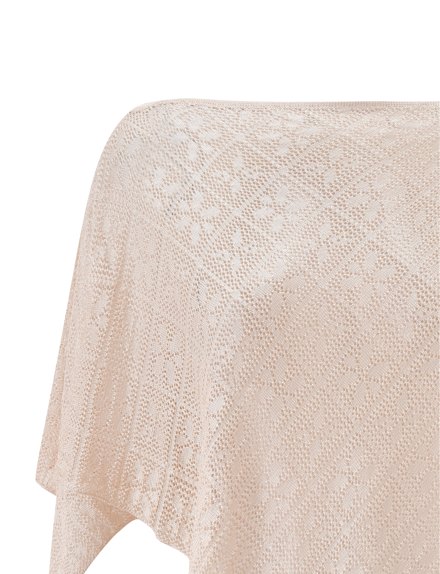 Close-up of the FERN CROCHET PONCHO in Champagne by TIGERMIST, featuring a light pink, semi-sheer knit with a delicate floral pattern—ideal as a beach cover-up or festival outfit against a plain white background.