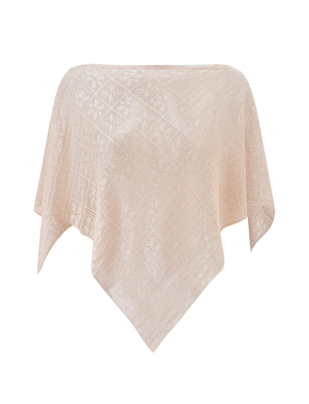 The FERN CROCHET PONCHO in Champagne by TIGERMIST features a diamond-patterned crochet design with pointed ends—an ideal choice for chic festival looks or as an elegant beach cover-up.