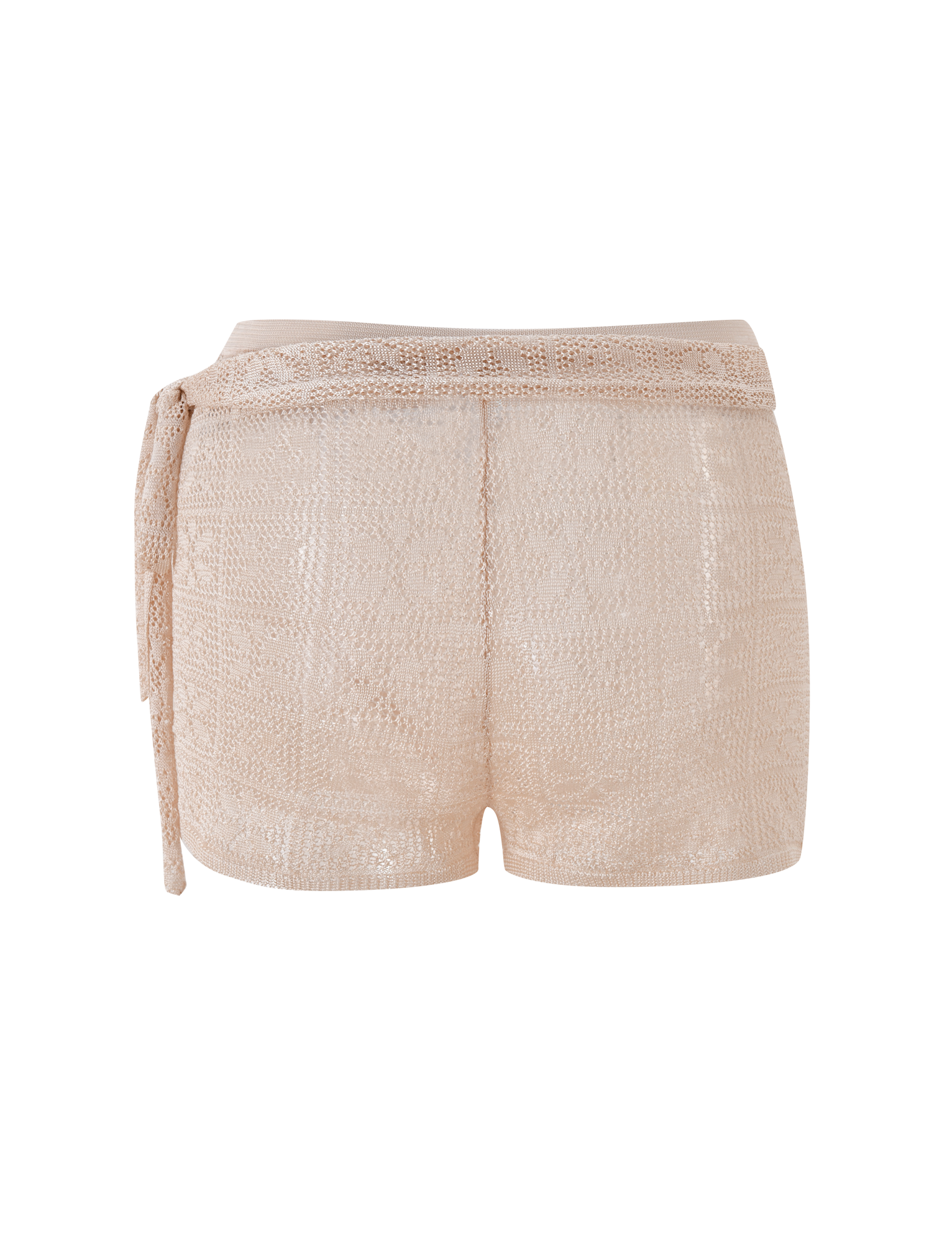 The FERN CROCHET SHORT - CHAMPAGNE by TIGERMIST features a custom crochet design and matching tie belt, showcased from the back against a white background.