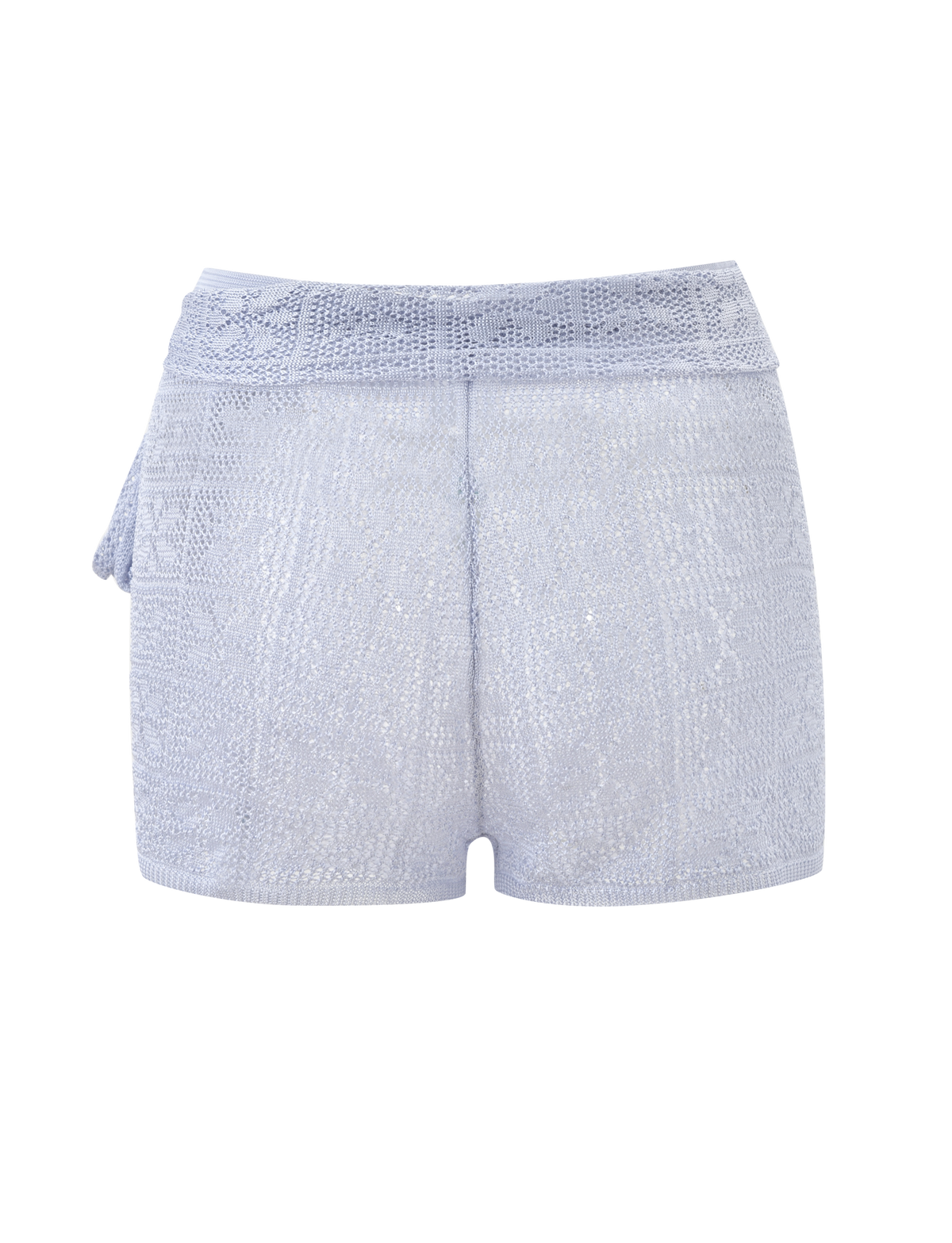 The FERN CROCHET SHORT - SILVER by TIGERMIST features a light blue custom crochet design with a subtle textured pattern, high waist, and adjustable waistband with matching belt, shown from the back on a plain white background.