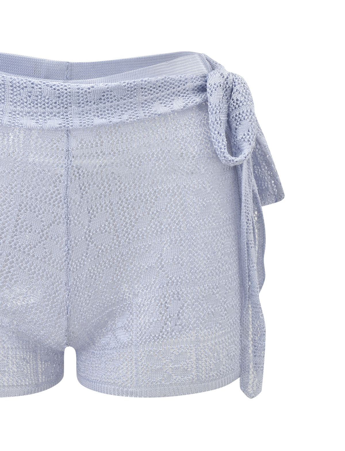 The FERN CROCHET SHORT - SILVER by TIGERMIST features a custom crochet design, textured pattern, and attached side tie belt with adjustable waistband, shown against a white background.