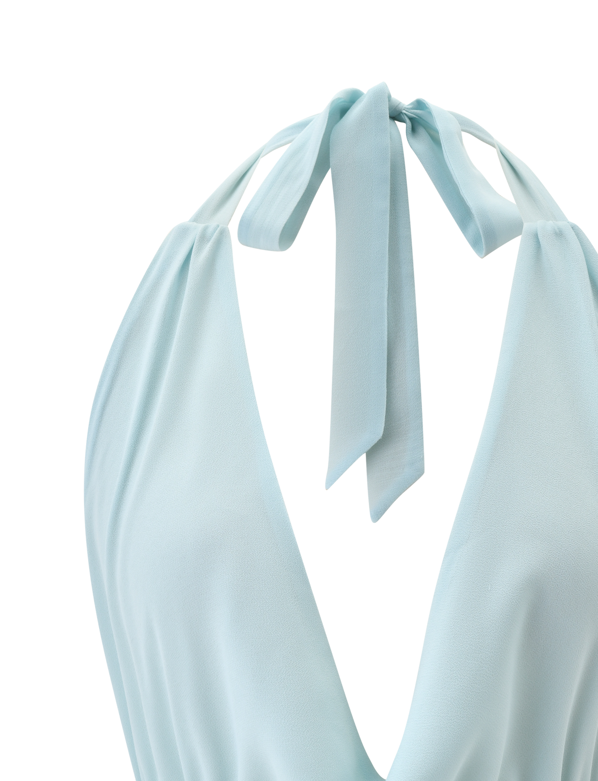 A close-up of the TIGERMIST VEDA OPEN BACK COWL TOP in seafoam, showcasing its adjustable halter neck, deep V neckline, wide straps tied at the open back, and soft flowy fabric.