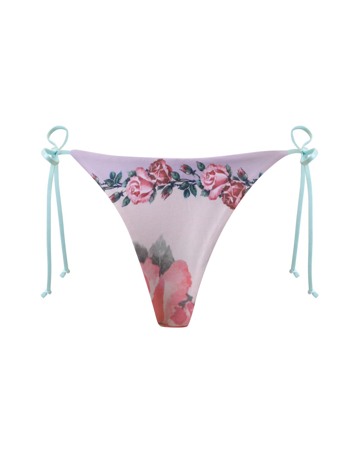 The TIGERMIST FINLEA RESIN RING BIKINI BOTTOM - POSTCARD PRINT showcases a floral rose pattern, light blue side ties, resin ring details, and a cheeky cut on a white base.