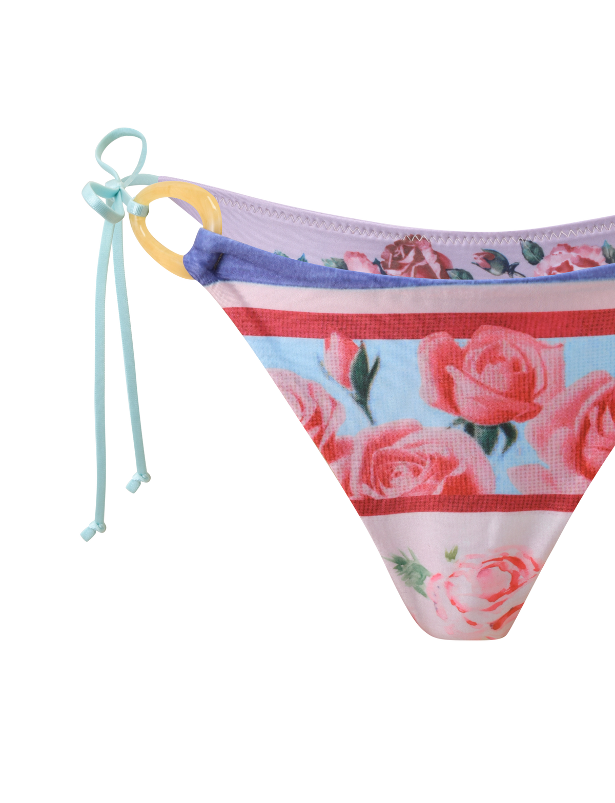 Close-up of the TIGERMIST FINLEA RESIN RING BIKINI BOTTOM - POSTCARD PRINT, featuring a cheeky cut, floral postcard print with pink, blue, and red stripes, yellow resin ring detail, and a light blue side-tie bow on a white background.
