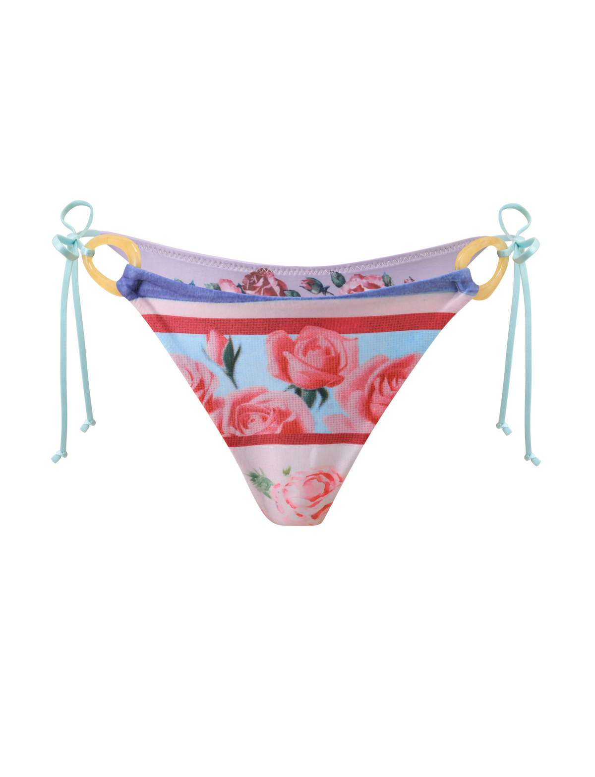 The FINLEA RESIN RING BIKINI BOTTOM by TIGERMIST features a fresh white base with a floral postcard print of pink and red roses, purple trim, yellow resin side rings, and light blue string ties.