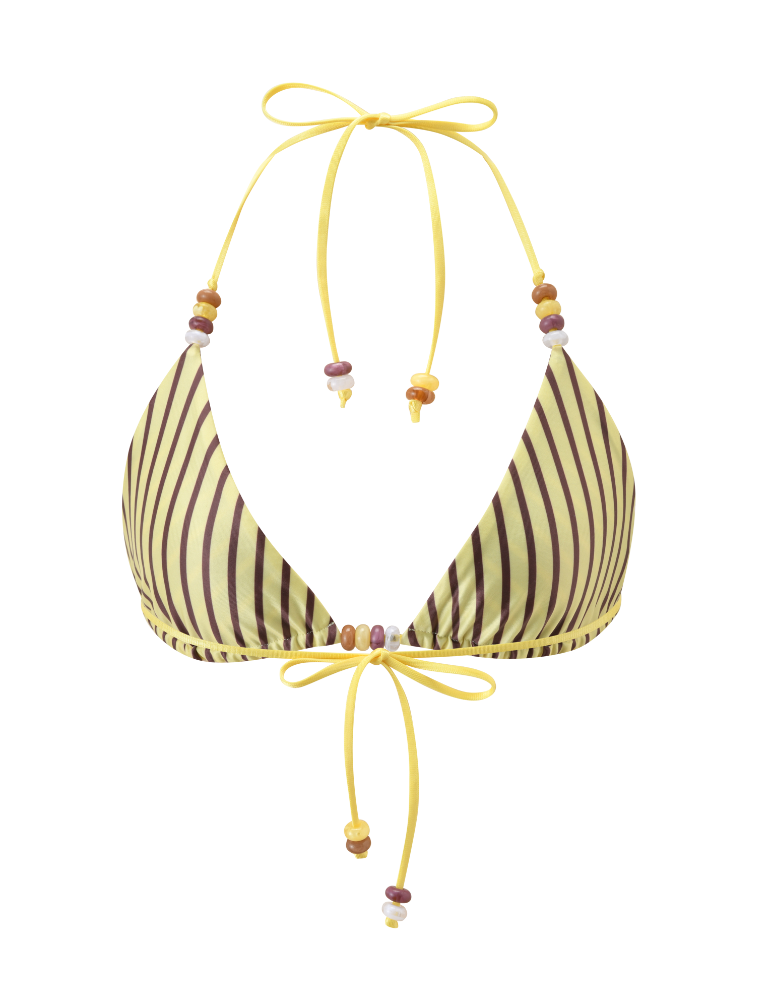The FINLEA REVERSIBLE BIKINI TOP by TIGERMIST features brown and yellow stripes, adjustable yellow ties at the neck and back, and colorful bead accents—perfect for a trendy halter style.