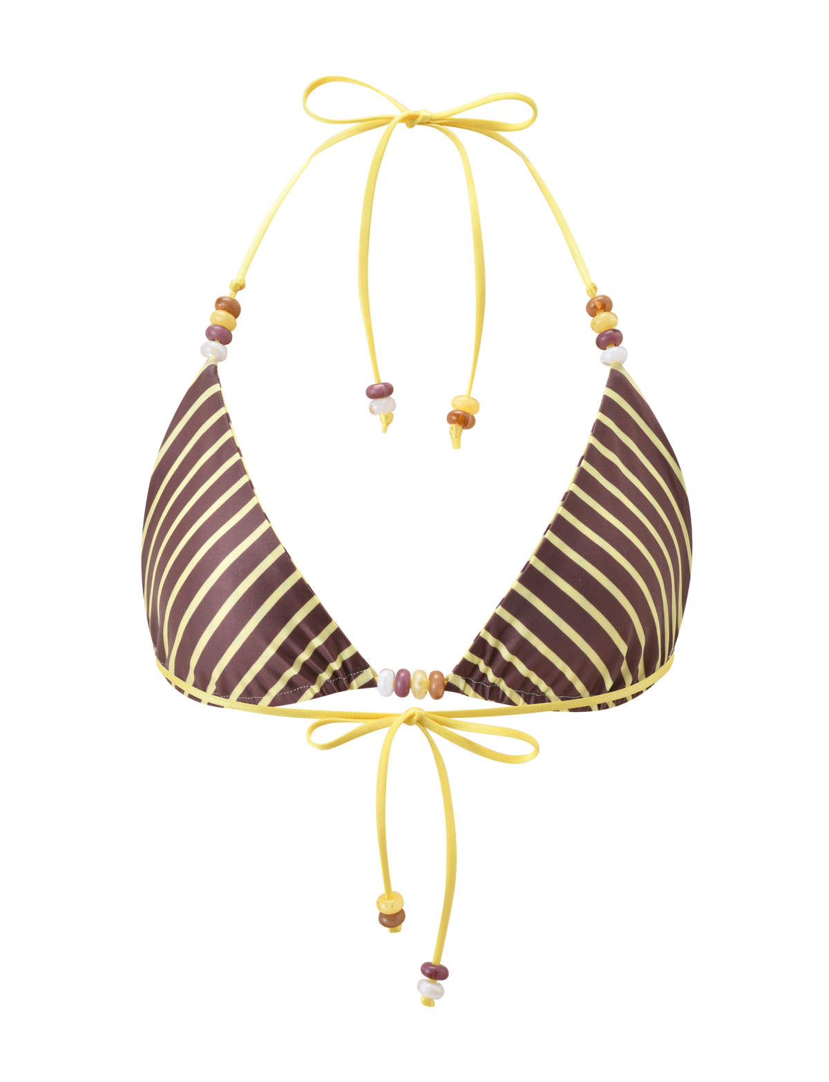 The FINLEA REVERSIBLE BIKINI TOP by TIGERMIST features brown and yellow stripes, yellow strings, and colorful bead accents on the straps and center. The product is displayed against a plain white background.