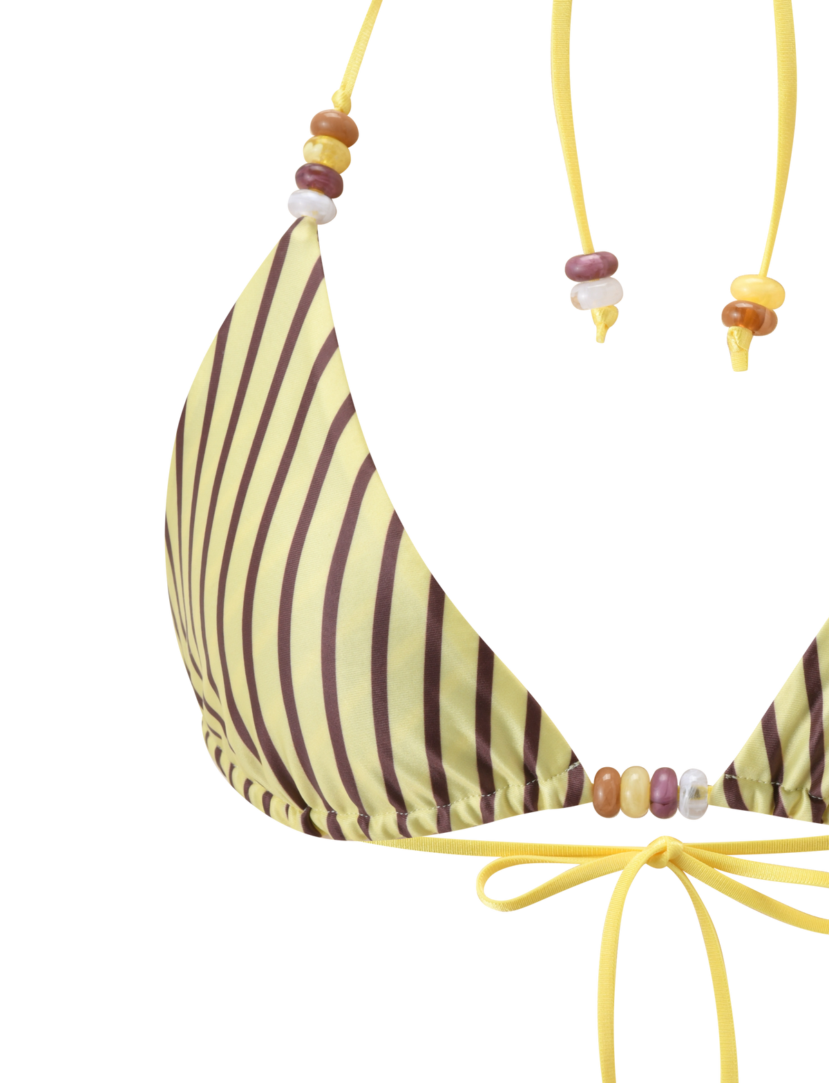 The FINLEA REVERSIBLE BIKINI TOP by TIGERMIST features a yellow and brown stripe design, yellow bow-tied cords, and colorful round beads.