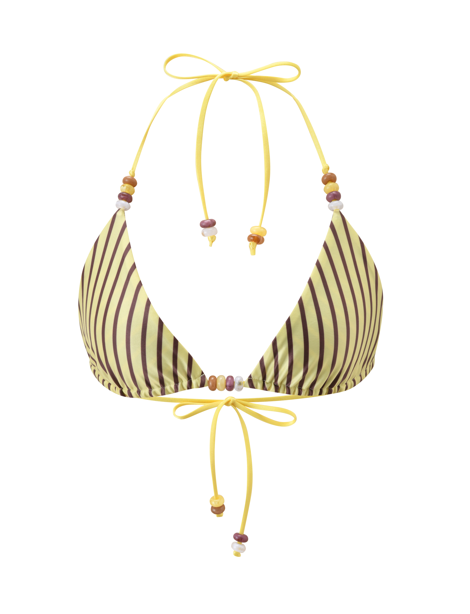 The TIGERMIST FINLEA REVERSIBLE BIKINI TOP features brown and yellow stripes with multicolored bead accents on the straps and ties, shown against a plain white background.