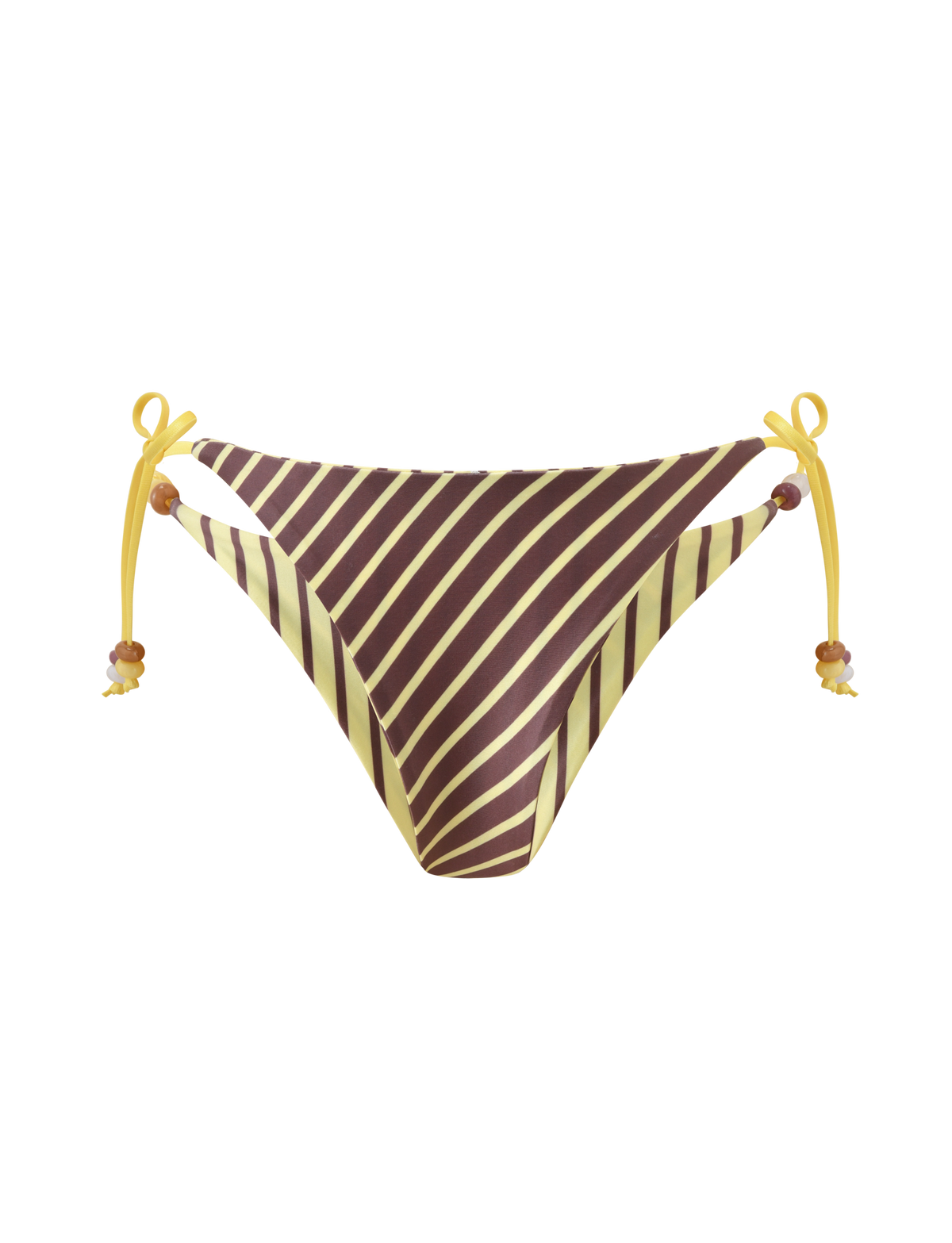 The TIGERMIST FINLEA REVERSIBLE BIKINI BOTTOM in brown and yellow stripe features a cheeky cut, side ties with beaded ends, and is displayed on a plain white background.