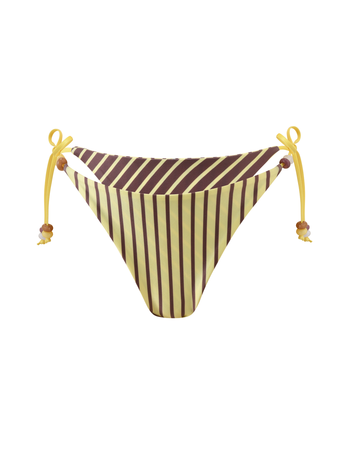The TIGERMIST FINLEA REVERSIBLE BIKINI BOTTOM in brown and yellow stripe features yellow side ties with bead details, shown on a white background.