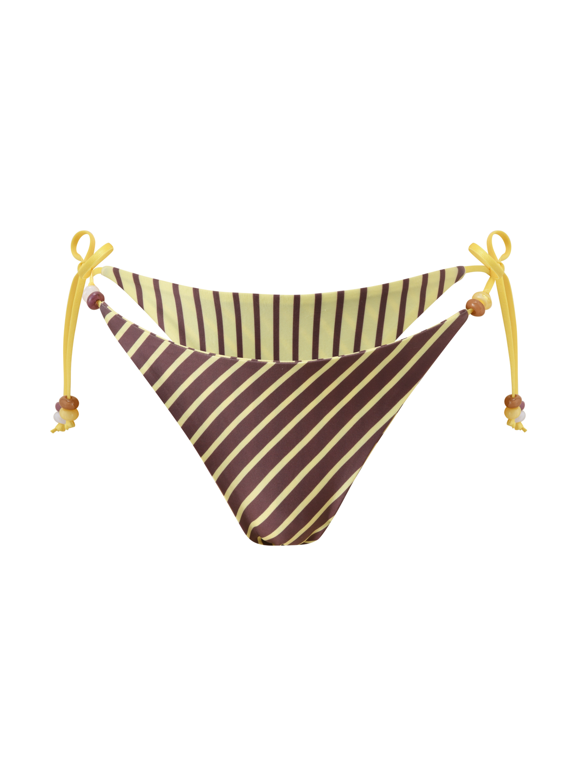 The TIGERMIST FINLEA REVERSIBLE BIKINI BOTTOM features brown and yellow stripes, yellow side ties with beads, and a cheeky cut. Displayed on a plain white background.