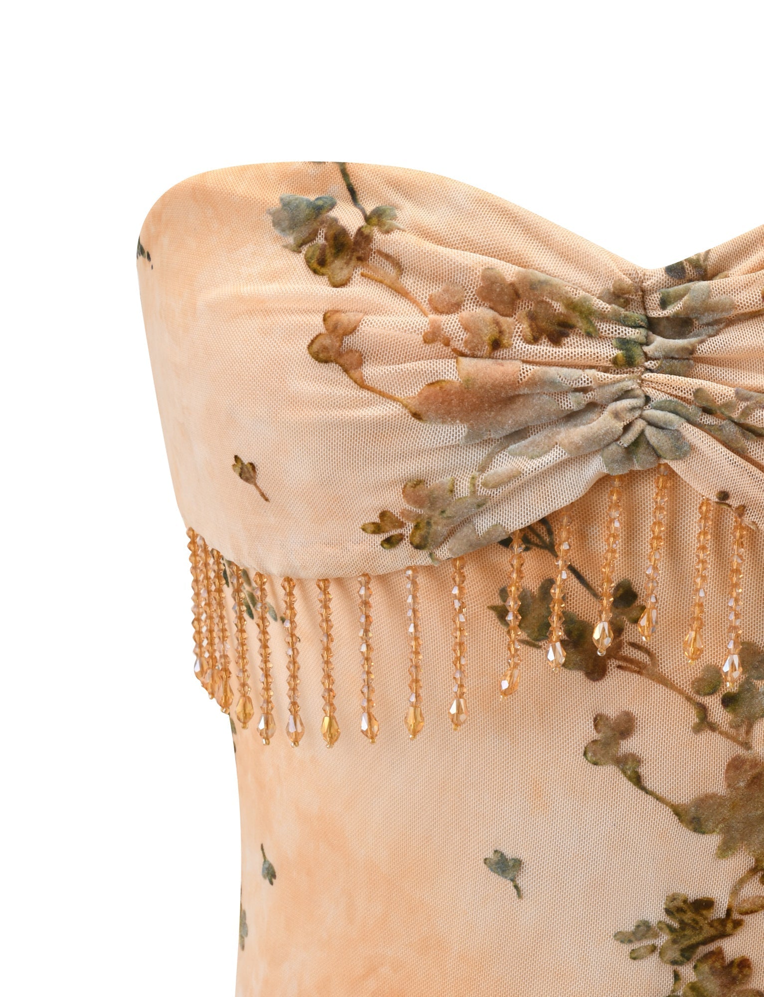 Close-up of the TIGERMIST OONA BURN OUT FRINGE TOP in tan—strapless with a peach and green floral pattern, gathered bust detail, and sparkling beaded fringe trim along the top edge.