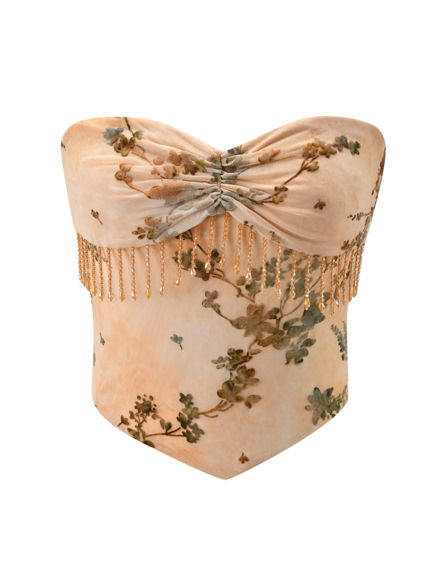 The TIGERMIST OONA BURN OUT FRINGE TOP in tan is a strapless, peach-toned floral handkerchief top featuring center bust ruching and a beaded fringe trim across the chest.
