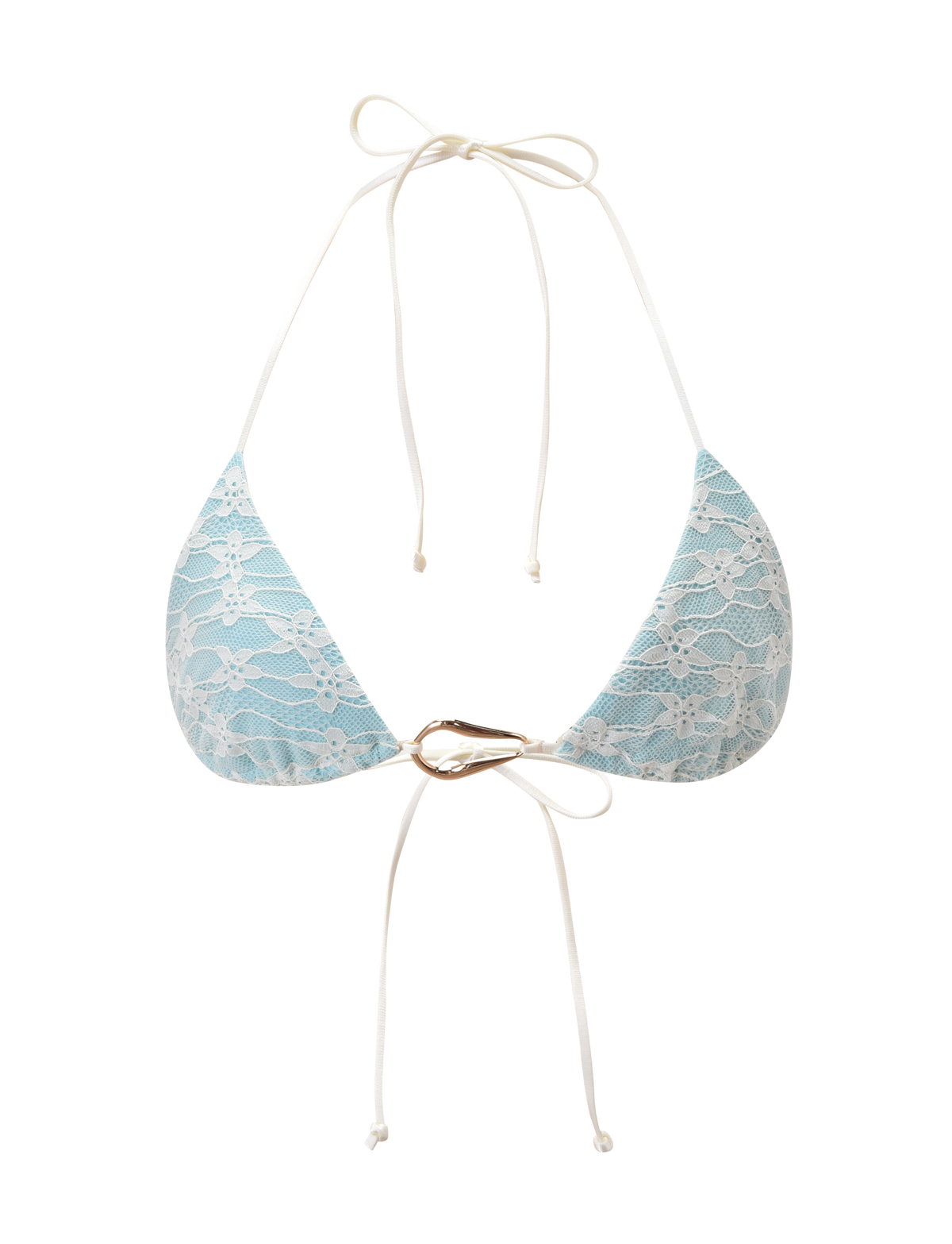 The SIKA BIKINI TOP - BLUE LACE by TIGERMIST features a triangle aqua design with cream lace overlay, adjustable halter neck and back ties, and a decorative gold ring at the center. Shown on a plain white background.